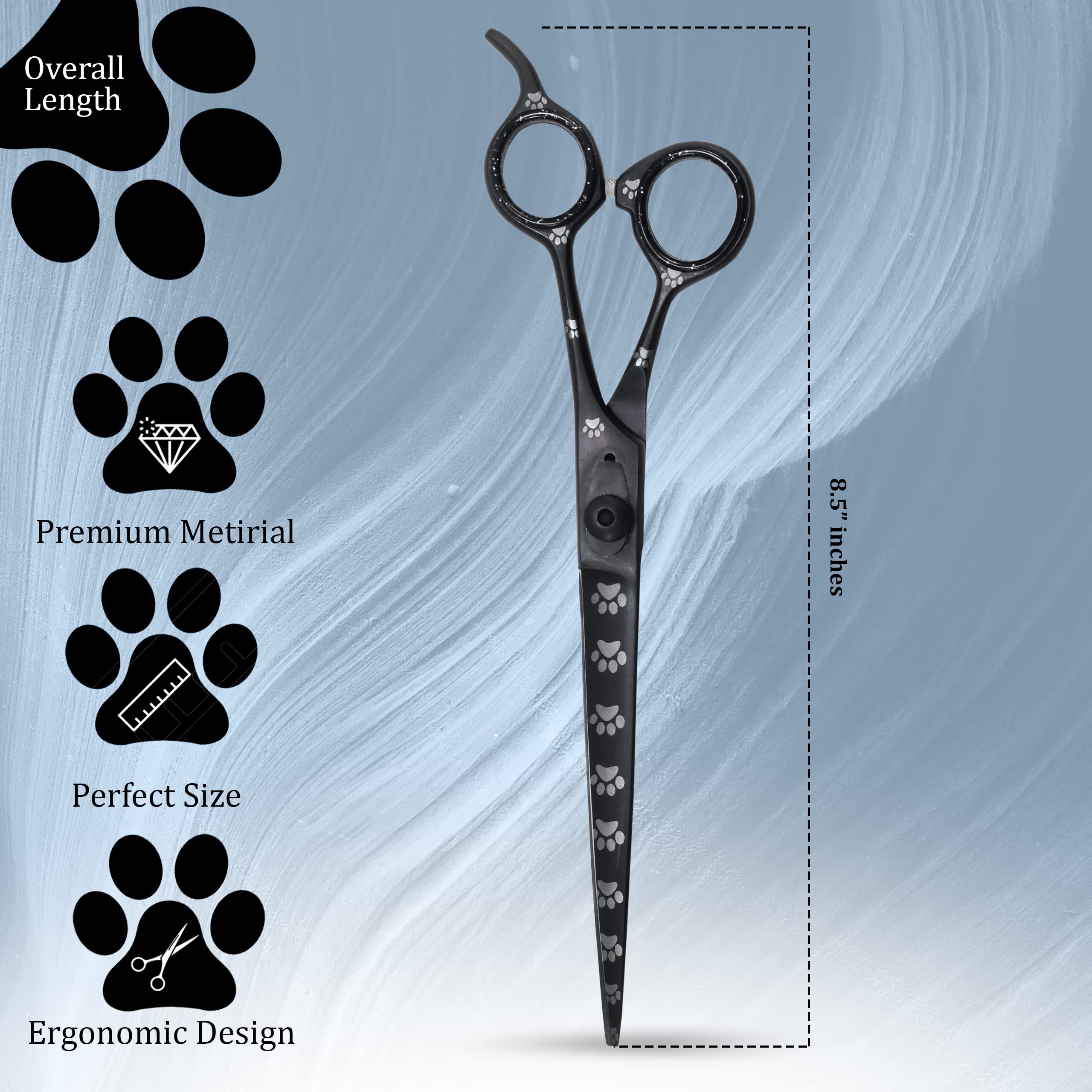 Professionelle Fellschere für Hunde, Katzen und Haustiere, gerade, mit Pfotenabdrücken für Hunde, Katzen und Haustiere (Rechtshänder, schwarz, Edelstahl, 20,3 cm)