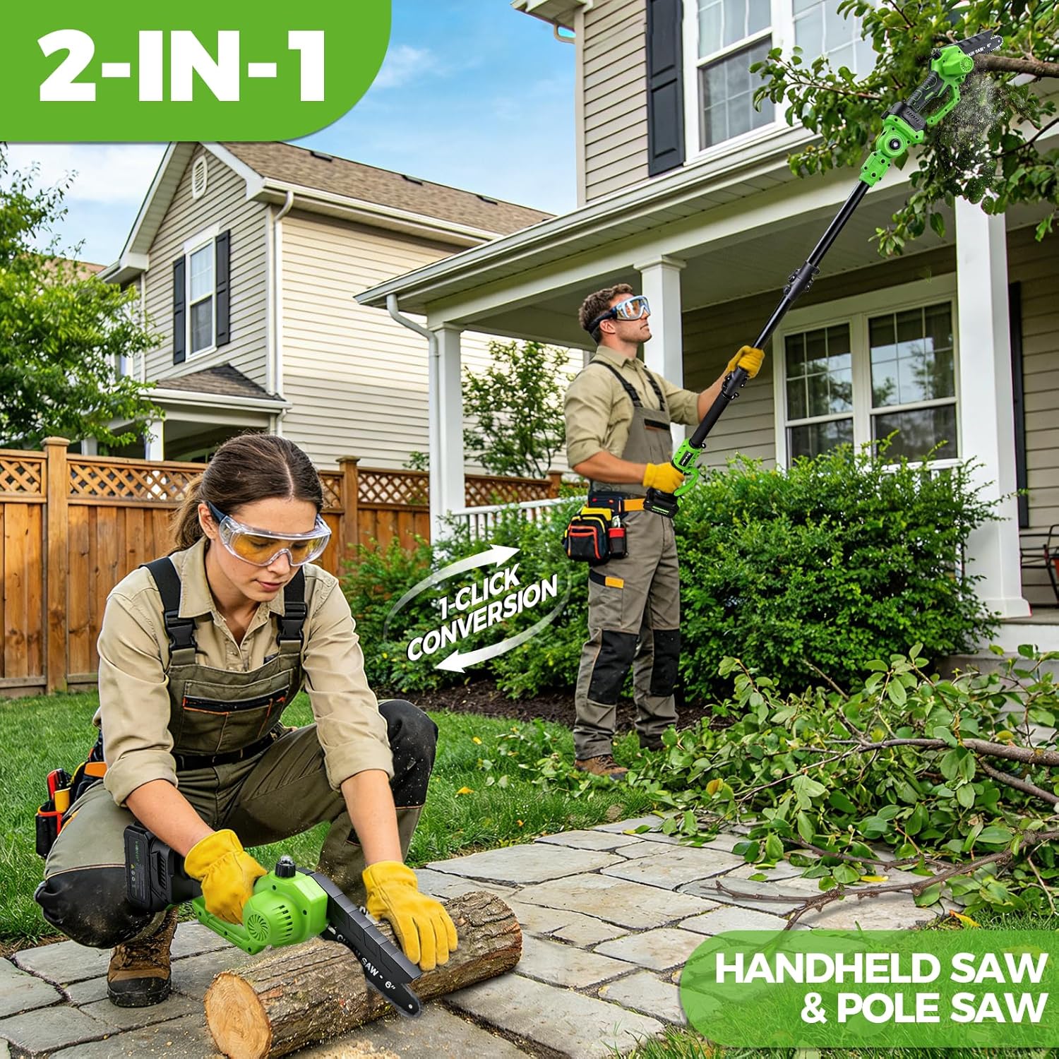 2-in-1 Electric Pole Saws for Tree Trimming, 6 Inch Mini Chainsaw Cordless with Lightweight Extension Pole, 2 * 4.0Ah Battery Powered Pole Chain Saw, 15ft Max Reach for Tree Trimmer Wood Cutting