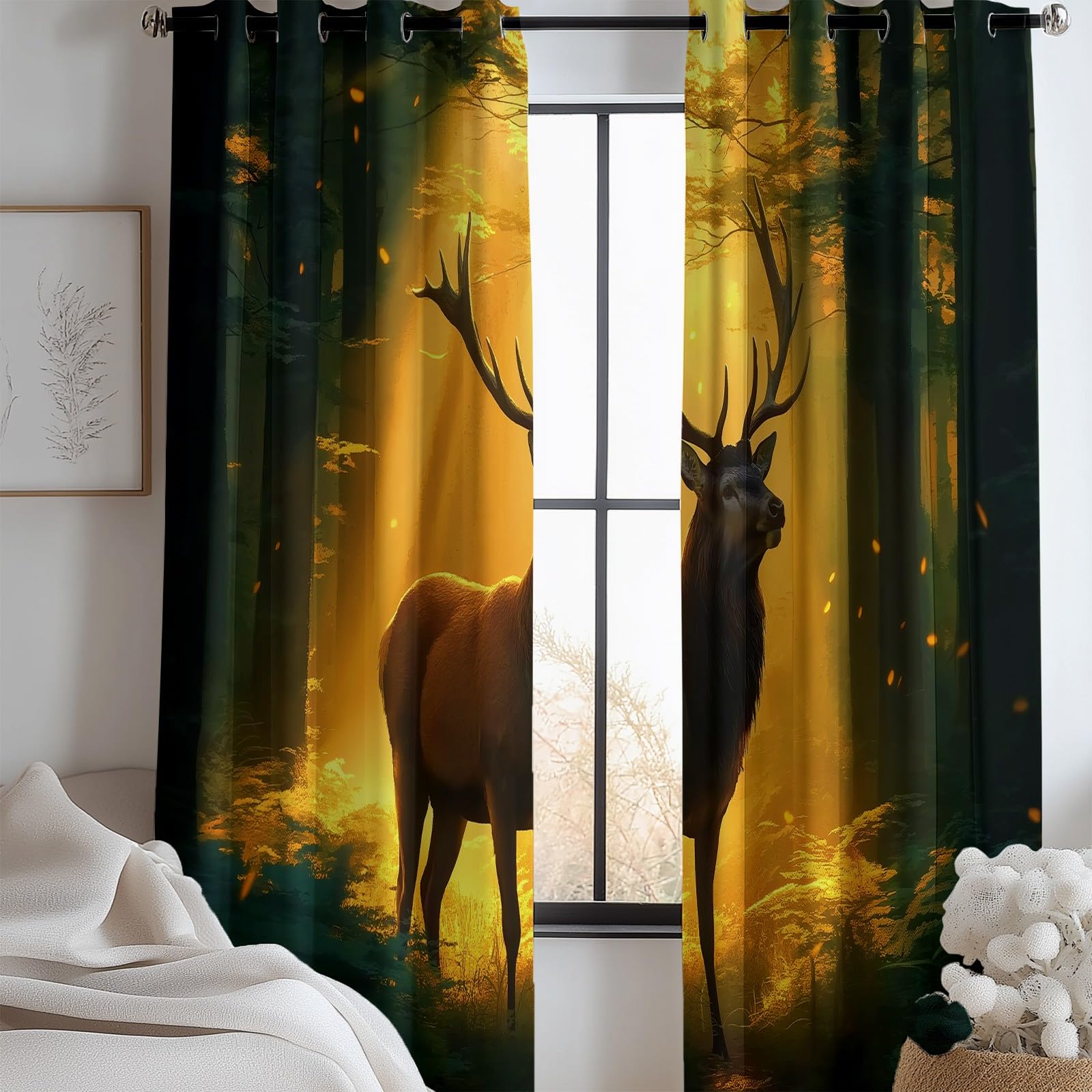 Zestaw 2 termicznych zasłon zaciemniających z poliestru, z oczkami, 280 x 245 cm, złote światło, dźwiękoszczelne, do salonu, sypialni, pokoju dziecięcego, magiczny las
