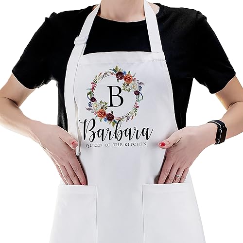 Delantales de cocina personalizados con diseño inicial floral con texto de nombre delantal de cocina personalizado para mujeres con bolsillos disponible en Yaxa Colombia
