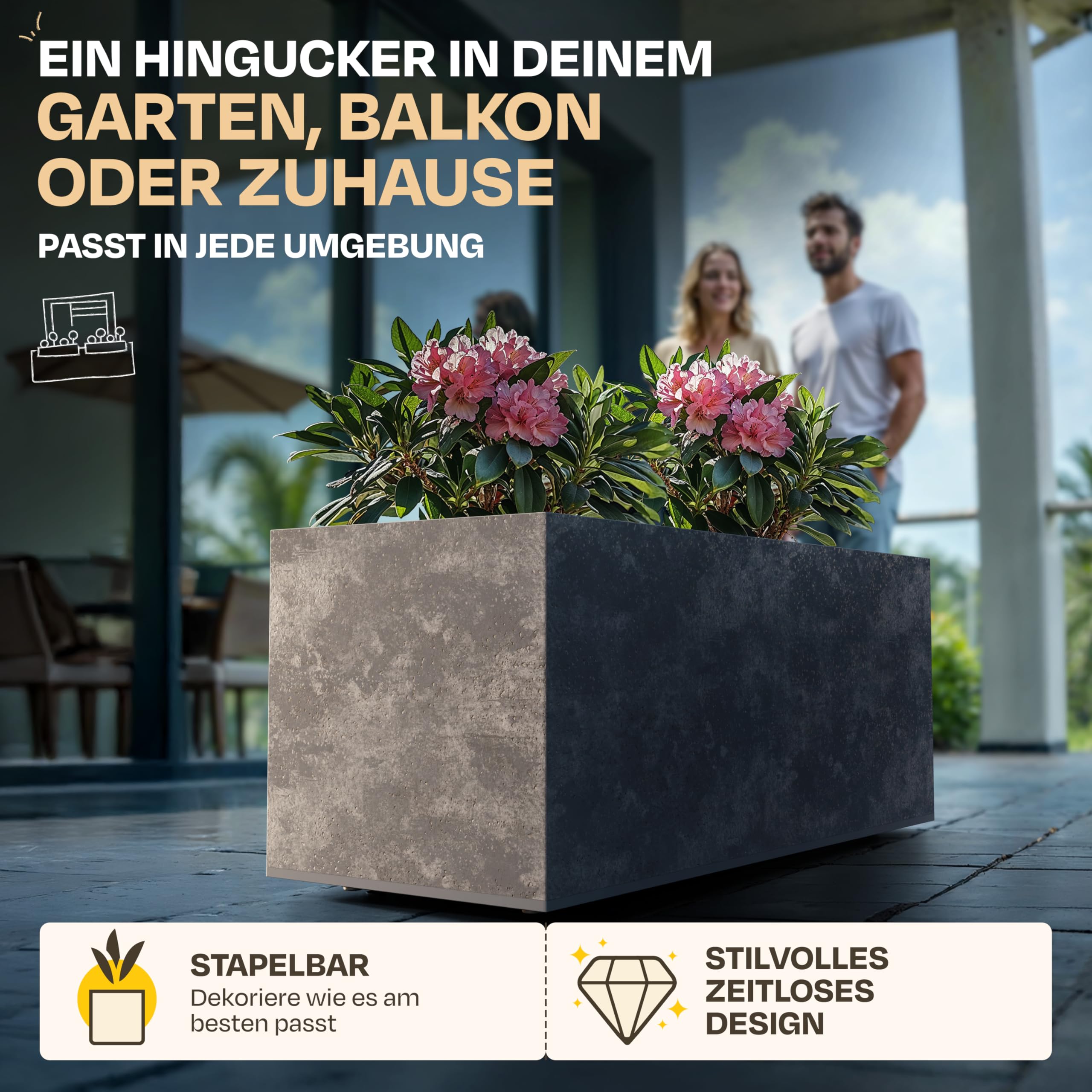 Ondis24 Pflanzkübel Blumenkübel Blumentopf Basalt 100cm, Beton Optik mit Wasserspeicher, Pflanzenkasten hoch, Winterfest (Beton Anthrazit)