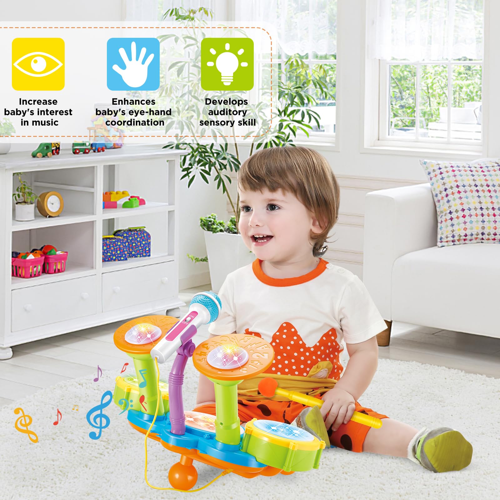 deAO Tamburo Bebe,Set di percutions per principianti, con 3 batterie e microfono, 18 canzoni, 2 bacchette, effetti sonori e luminosi che rendono questo kit batteria bambino strumento