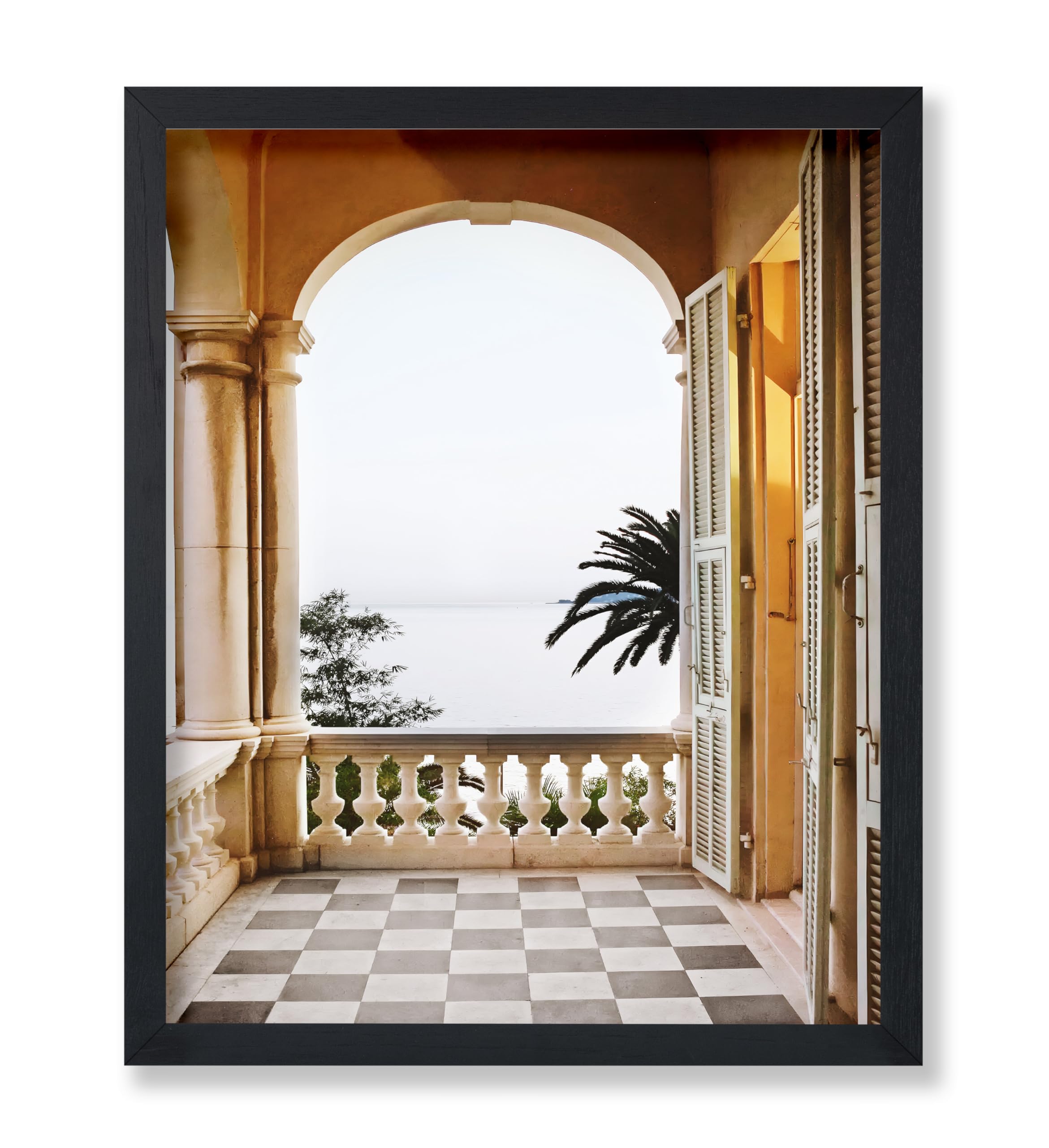 Monem Art Vintage Photograph Poster - Retro Travel Print - Photograph, Balcony, Ocean, Palm Trees, Checkered Floor - 8x10 UNFRAMED Wall Art - Gift for