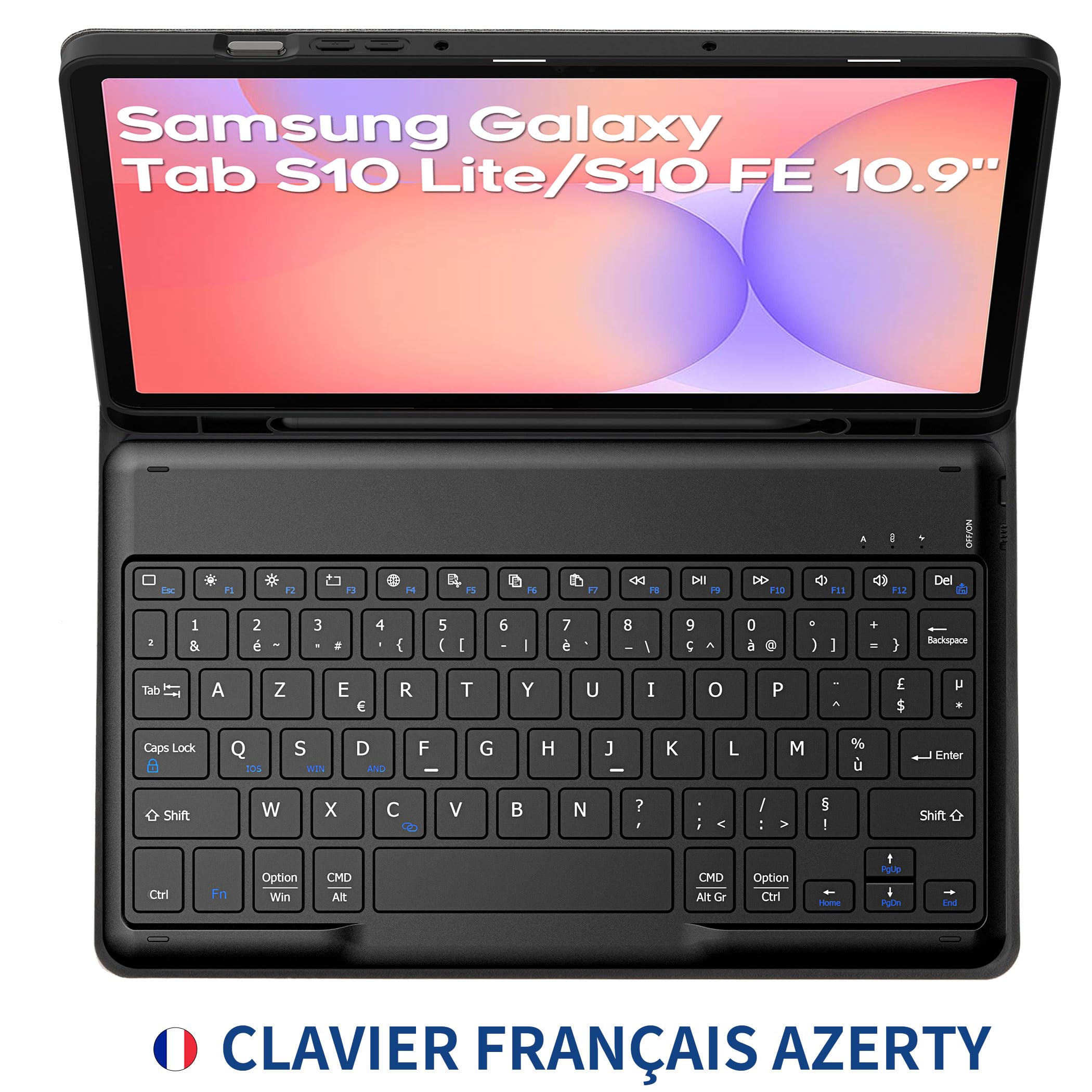 EasyAcc Étui Clavier pour Samsung Galaxy Tab S10 Lite 5G / S10 FE / S9 FE / S9 10.9" / 11" (2025/2023) avec Film de Protection, [AZERTY] Étui de Protection pour Clavier Amovible avec Porte-Stylo, Noir
