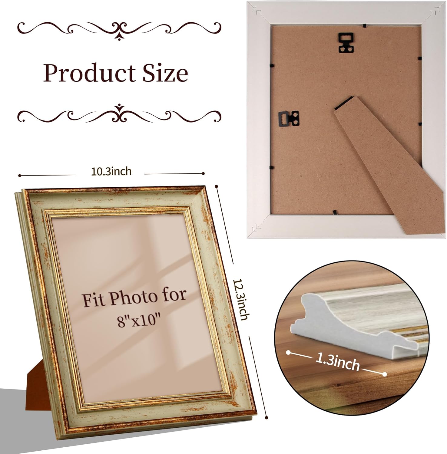 8x10 Picture Frame Vintage Retro Picture Frames with Antique Green Gold Edge Line 8 by 10 Photo Frame Wall Hang Tabletop Display Christmas Birthday Gifts for Women Mom Grandma