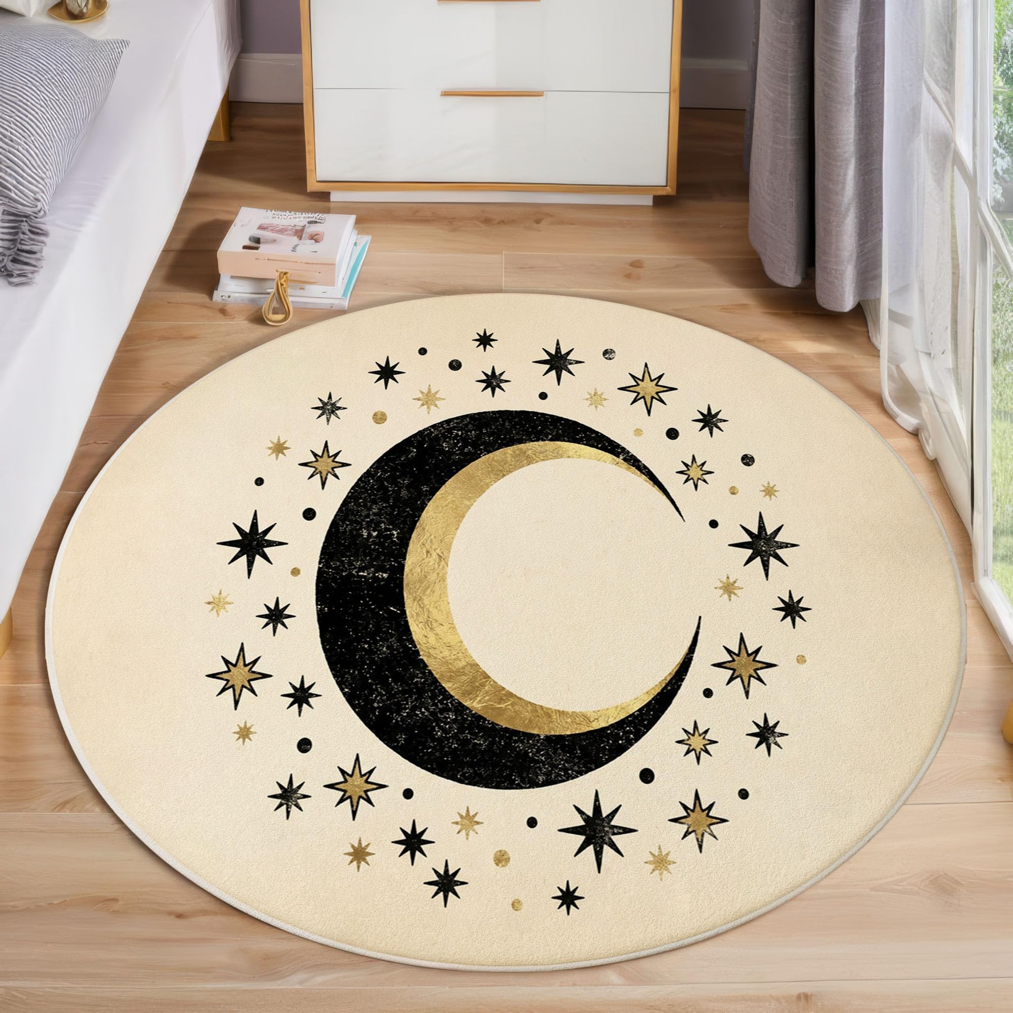 Tapis Rond Lavable Antidérapant Mystérieuse Lune d'or Noir | Étoiles De Luxe Peintes À La Main Rond Tapis 160 Cm Doux Poil Ras Pour Salon Chambre Bureau, Beige Moquette Circulaire