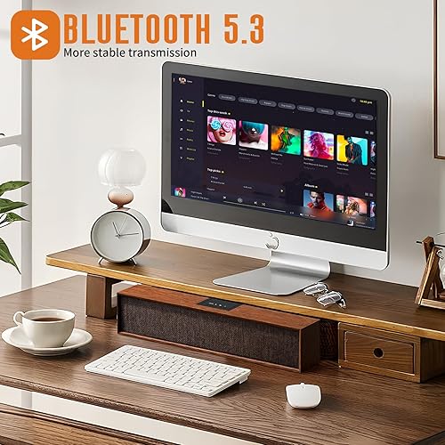 Miniatura 4 de Altavoces retro para computadora, barra de sonido de madera con Bluetooth 5.3 y conectividad USB, compatibilidad universal para PC, escritorio,