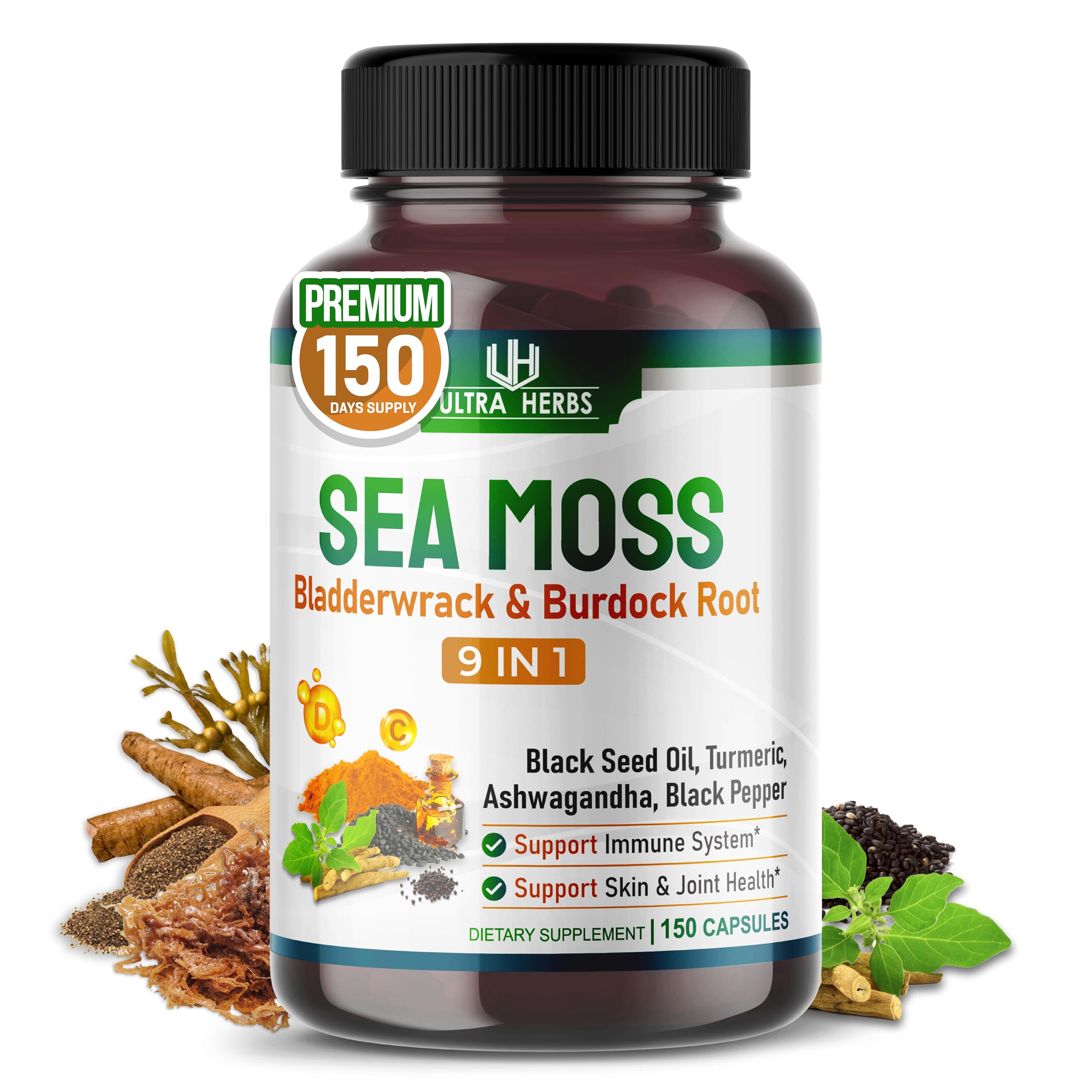 Organic Sea Moss Capsules with Black Seed Oil, Ashwagandha, Burdock Root, Bladderwrack for Immune System, Gut, Skin & Energy (150 Count (Pack of 1))