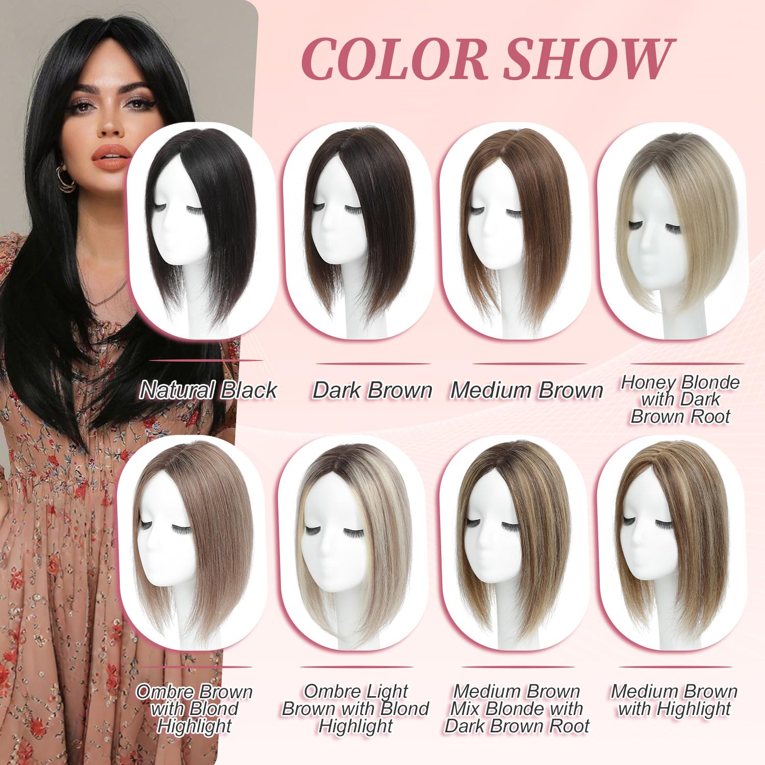 YAMI Hair Toppers for Women Real Human Hair 100% Real Human Hair Toppers for Women (Medium Brown with Highlight)