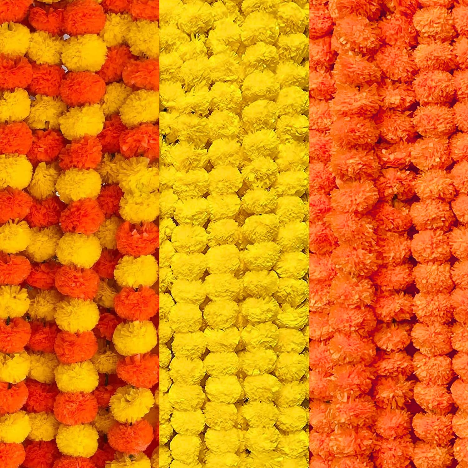 DRYPHON Artificial Marigold Garlands, Diwali & Pooja Room Decorations - Ganpati Pack of 15 (5 Yellow, 5 Orange, 5 Multi)