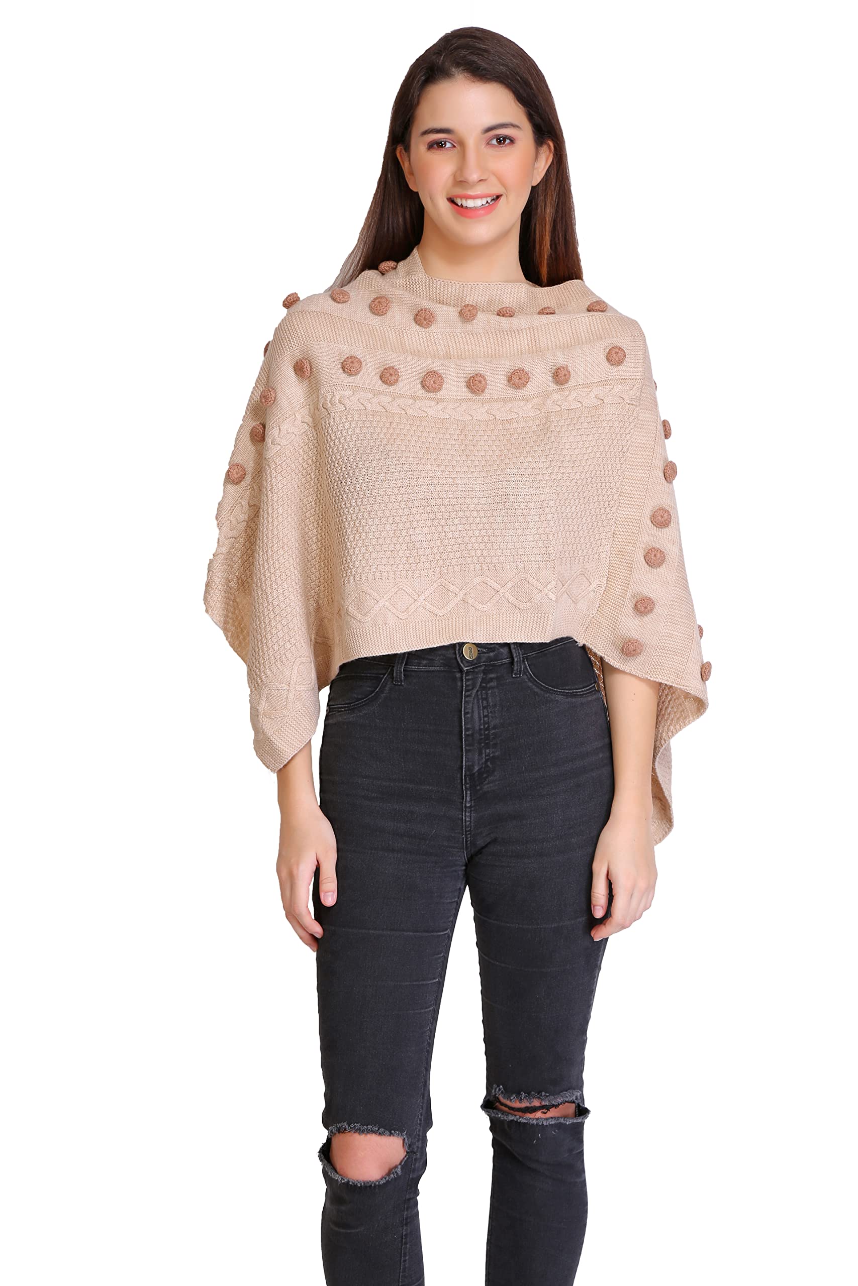 Hand Crafted Bobble Poncho Beige-image-44