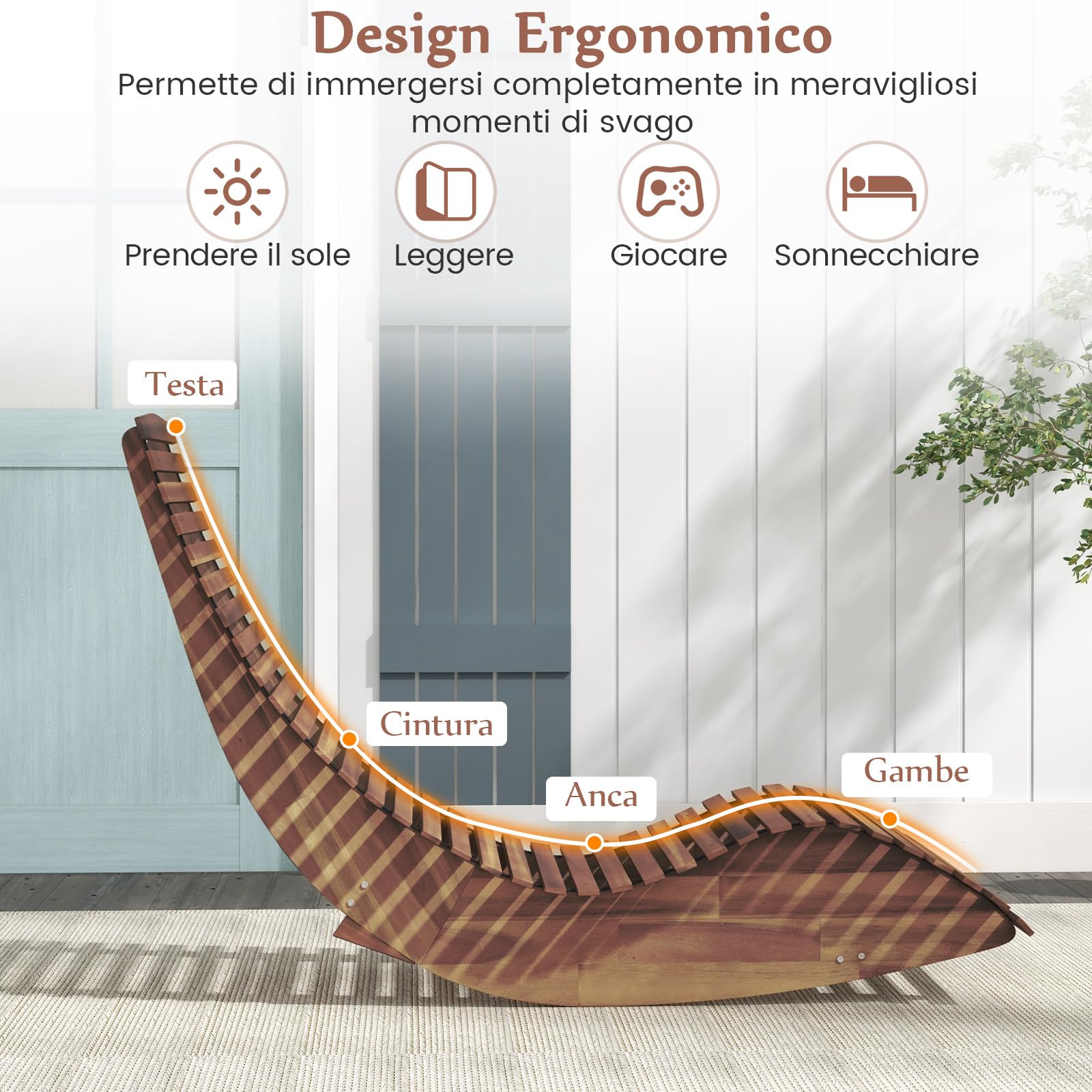 COSTWAY Sedia a Dondolo in Legno per Esterni, Lettino a Dondolo con Seduta Ergonomica, Sdraio a Dondolo da Giardino, Lettino Prendisole a Dondolo per Giardino, 157 x 60 x 76 cm, Portata 160 kg (1)