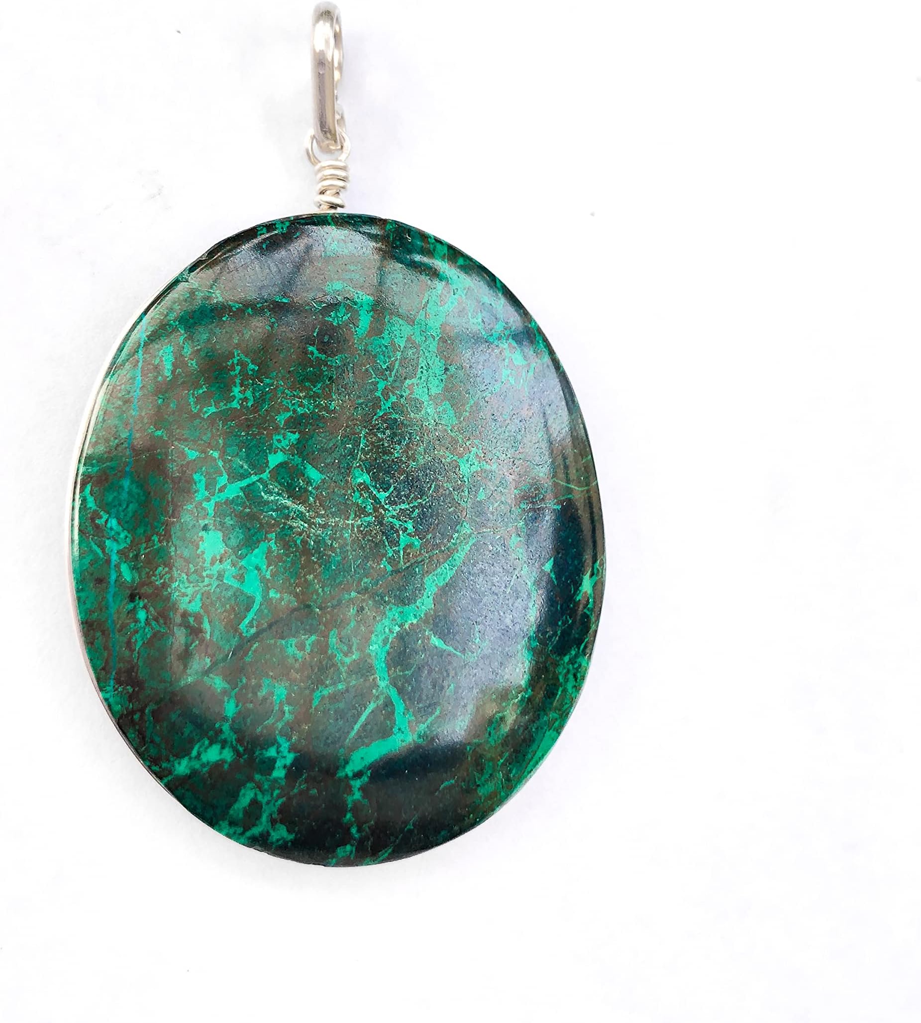 Sterling silver and Eilat stone pendant, Oval shaped Large size Natural blue green stone