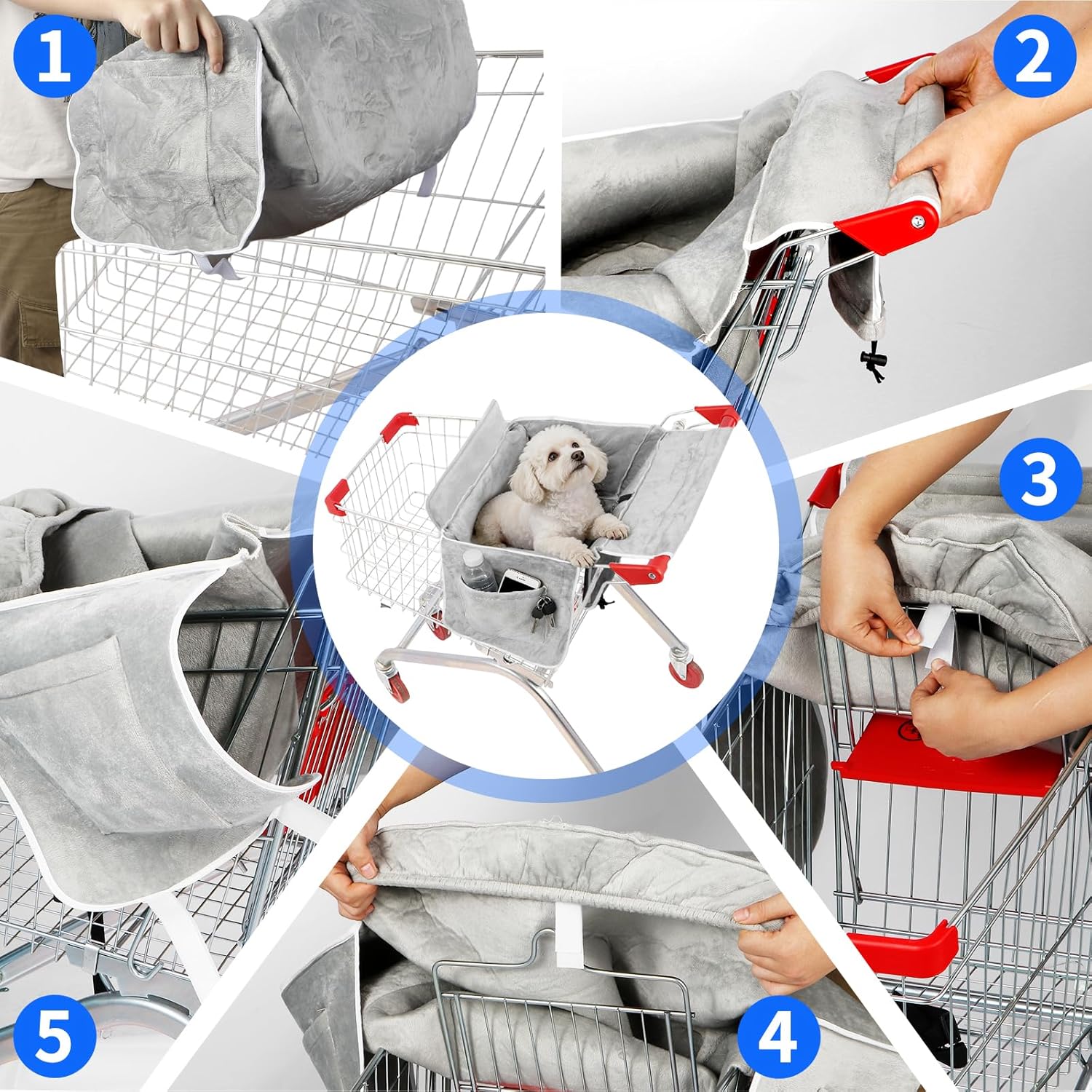 Dog Shopping Cart Cover with 2 Side Pockets, Soft Padded Pet Cart Seat Cover with Sponge Cushion, Foldable Shopping Cart Liner with Carry Bag, Fits Most Shopping Carts