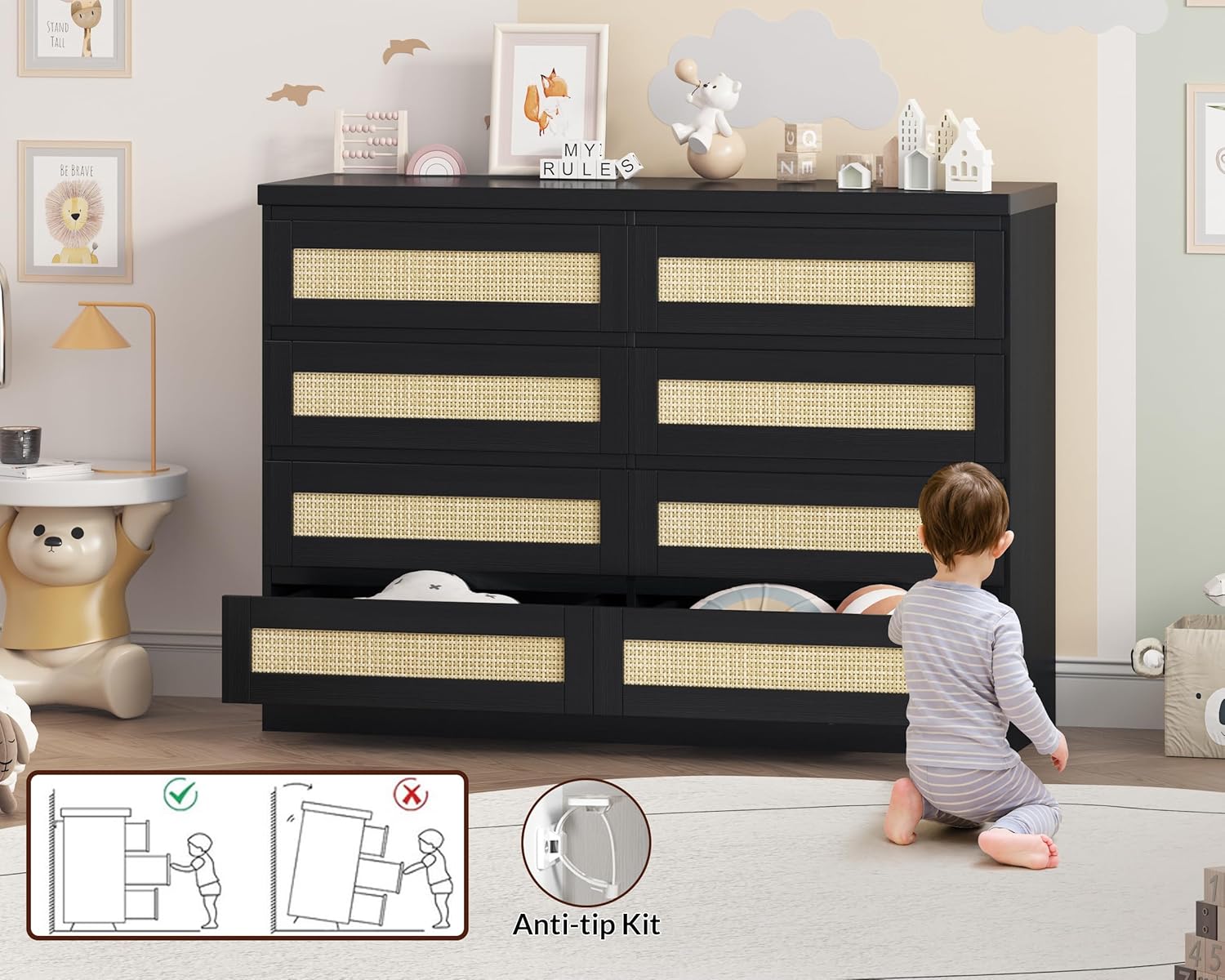 Diagram showing proper installation of anti-tip kit for a dresser