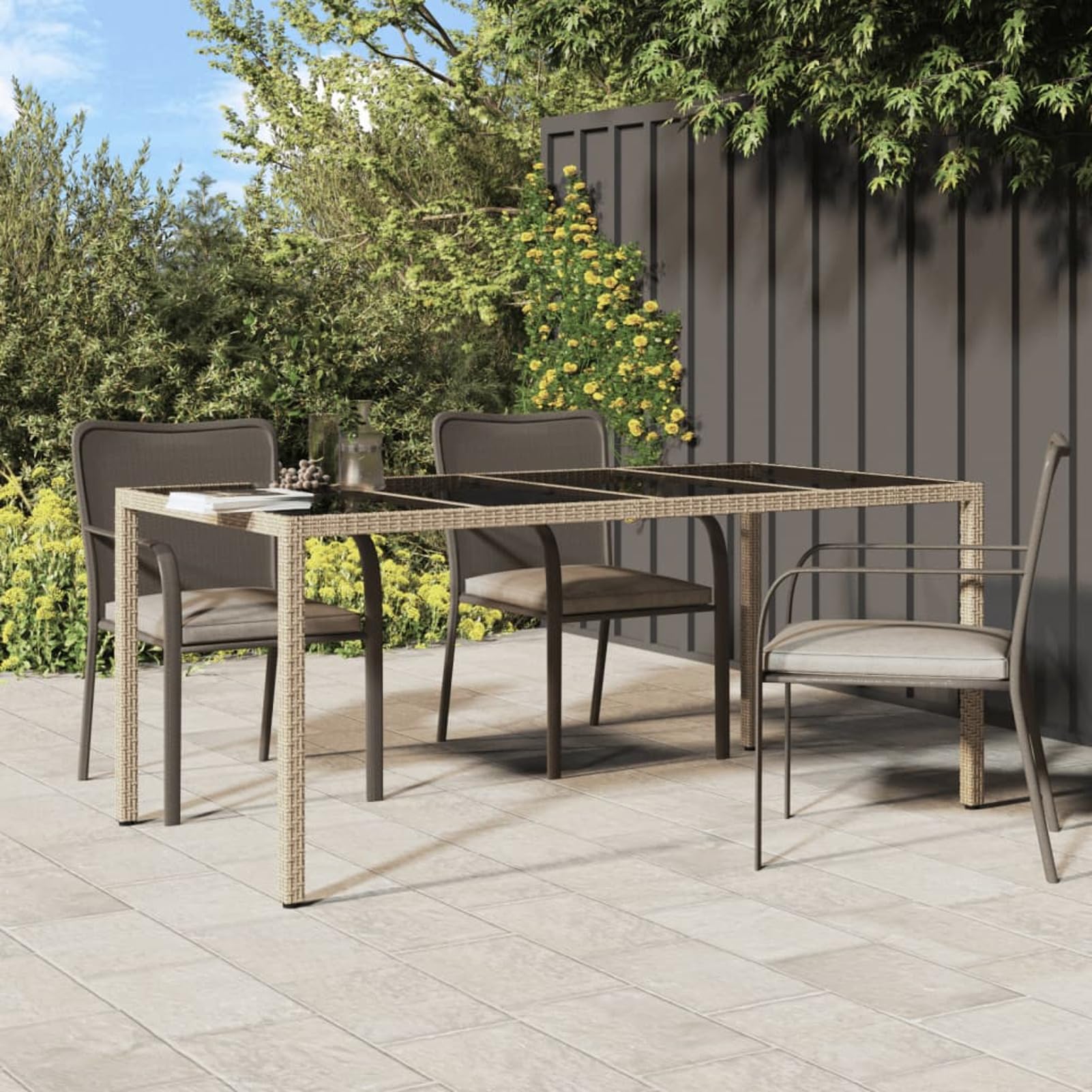 Homgoday Mesa de jardín beige 190 x 90 x 75 cm cristal templado poliratán, mesa de exterior, mesa de terraza, mesa de comedor, mesa de jardín, mesas exteriores