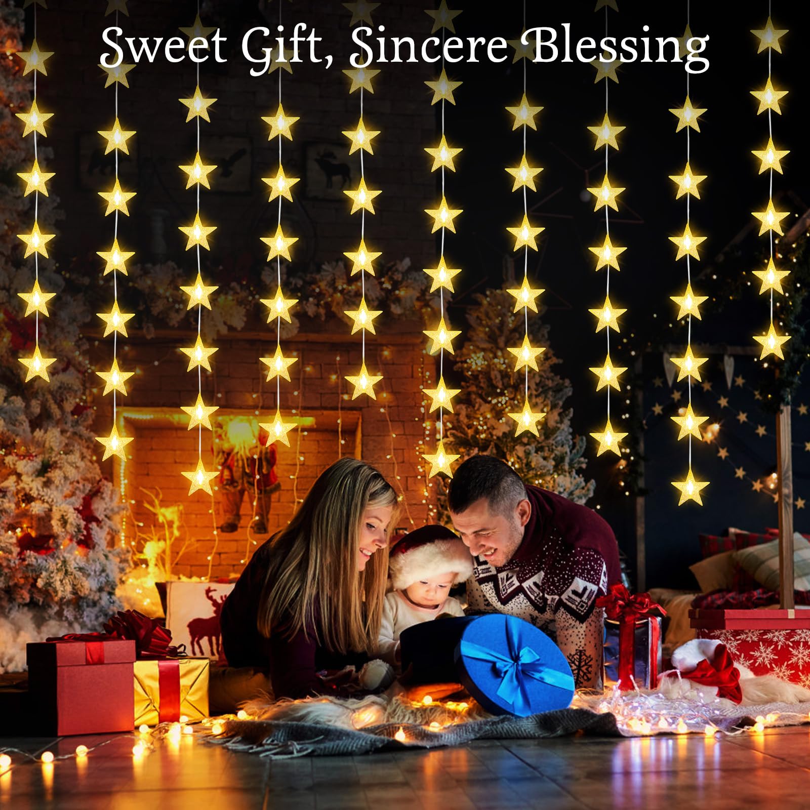 Lewondr 480 LED Stern Vorhang Lichter, 6 Stück Hängende Lichterkette mit 6H Timer & 8 Modi, Batterien Weihnachtsbeleuchtung String Lichter für Weihnachten Hochzeitsfeier Indoor Dekor, Warme Licht
