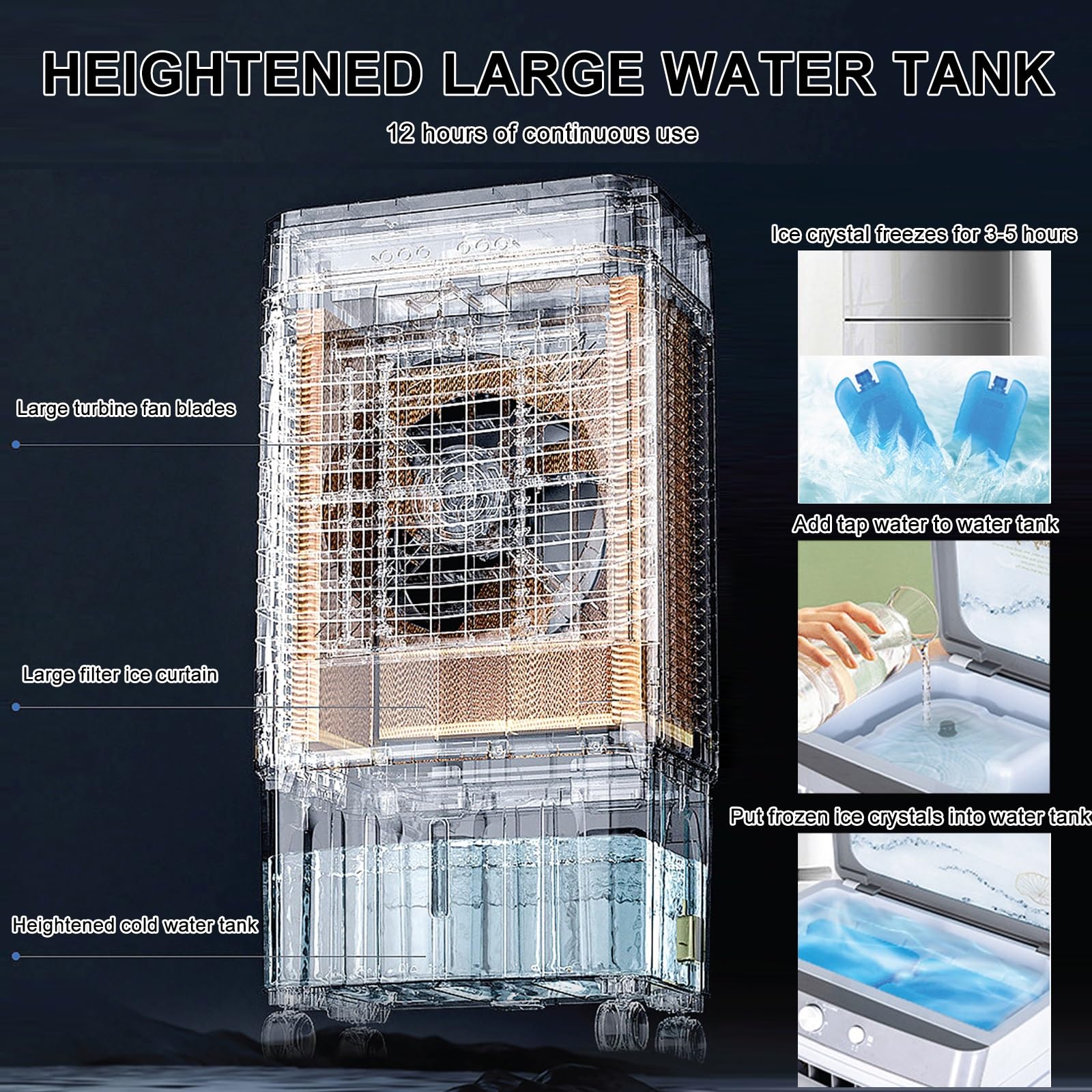 Aire Acondicionado portátil con Tanque de Agua de 60 litros, 3 velocidades, 4 Ruedas, Incluye 4 Cajas de Hielo para Uso doméstico, Garaje o Comercial