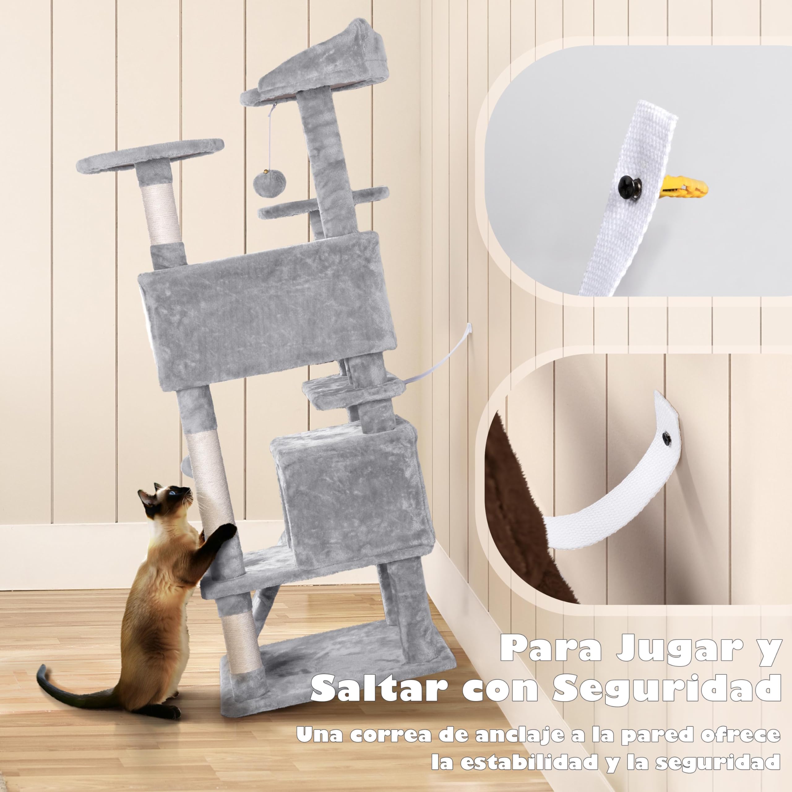 Yaheetech Árbol Rascador para Gatos 139cm con 3 Plataformas 2 Nidos 2 Pompones Torre de Escalador con Postes en Sisal Ideal para 3-4 Gatos Gris Claro