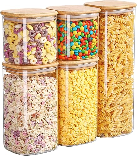 Vtopmart Juego de 5 tarros de vidrio para almacenamiento de alimentos, recipientes de vidrio con tapas herméticas de madera de bambú para pasta,