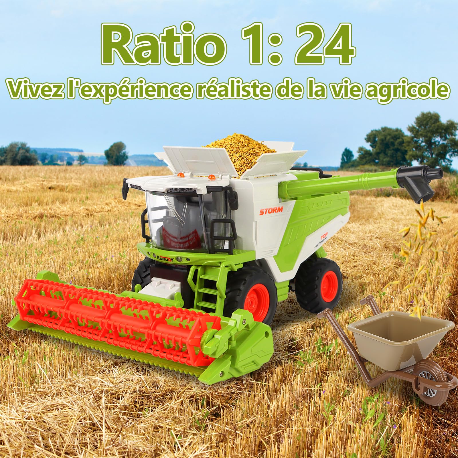 Charmofun Moissonneuse-Batteuse Télécommandée RC Tracteur Enfant 2,4 GHz avec Lumière et Pulvérisation Jouet Ferme