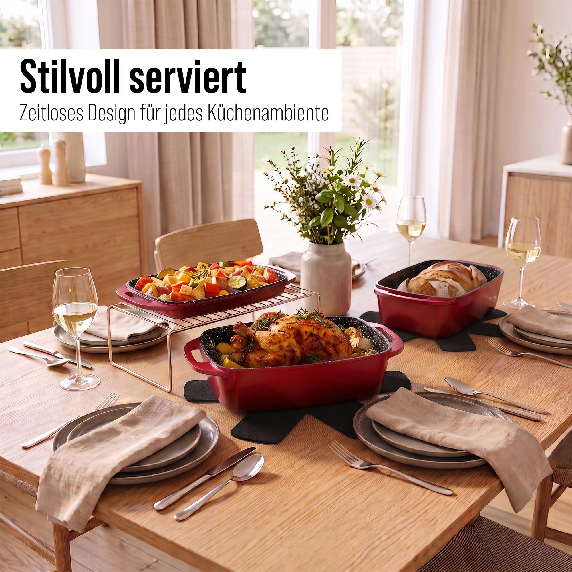 STONELINE Casseruola XXL 43x26 cm, Rostiera con Coperchio in Alluminio Pressofuso a Induzione, Coperchio utilizzabile come Stampo, Rivestimento Antiaderente con Vere Particelle di Pietra, Rosso