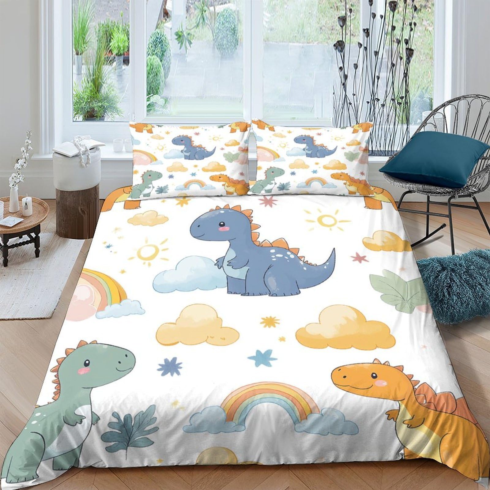 Ctjqhvkz Style-2 3D Printed Cartoon Dinosaur Fitted Sheet Microfiber Soft Breathable Rainbow Mattress Cover For Bedroom Dorm Decor Single（135X200cm）