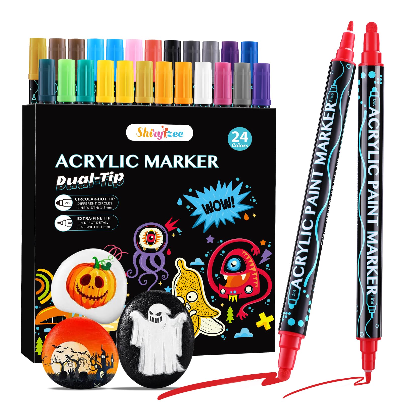 24 Colors Acrylic Paint Pens,Dual Tip Acrylic Paint Markers with Brush Tip and Fine Tip Paint Pens for Wood, Canvas, Stone, Rock Painting, Ceramic Surfaces, DIY Crafts Making Art Supplies