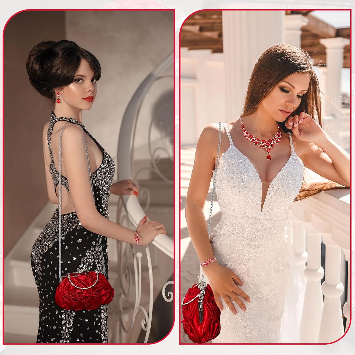 4 Pcs Flower Clutch Rhinestone Jewelry Set Rose Clutch Handbags with Detachable Strap Detachable Necklace Earrings Bracelets for Wedding Party Prom Valentine Gift