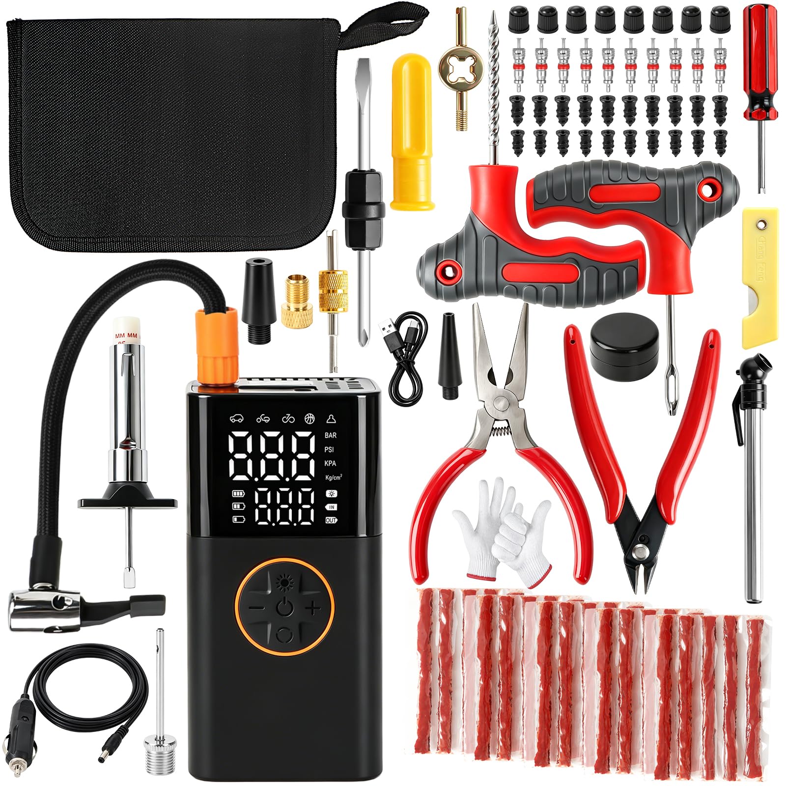 Kit de reparación de neumáticos planos, kit de 78 tapones de neumáticos con compresor de aire portátil, kit de parche de neumáticos con tapón de neumático y soluciones de clavos de goma, kit de