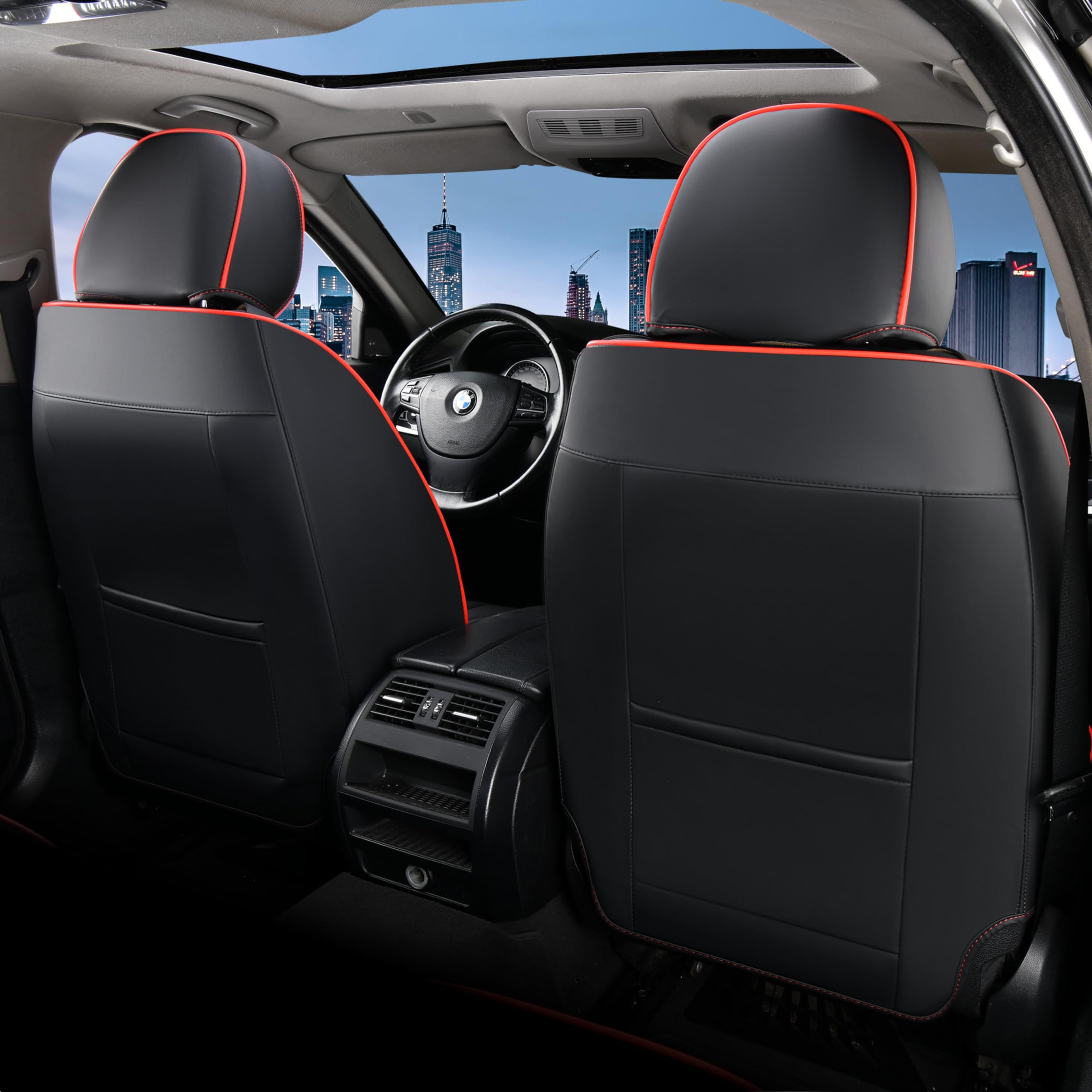 FLORICH Seat Covers Full Set,Leather Seat Covers, Front and Rear Seats Cover 5 Seats, Waterproof Car Seat Cushion Protector Accessories for Sedan SUV Pick-up Truck(Black&Red line, Full Set)