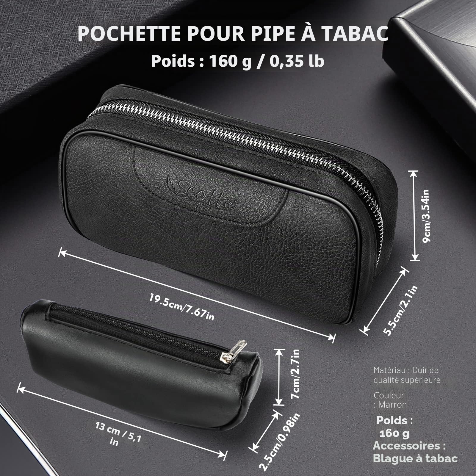 Scotte Pipe à tabac en cuir de poirier, accessoires pour pipe à tabac (racloir/support/élément filtrant/boule filtrante/petit sac/boîte) (noir 2)