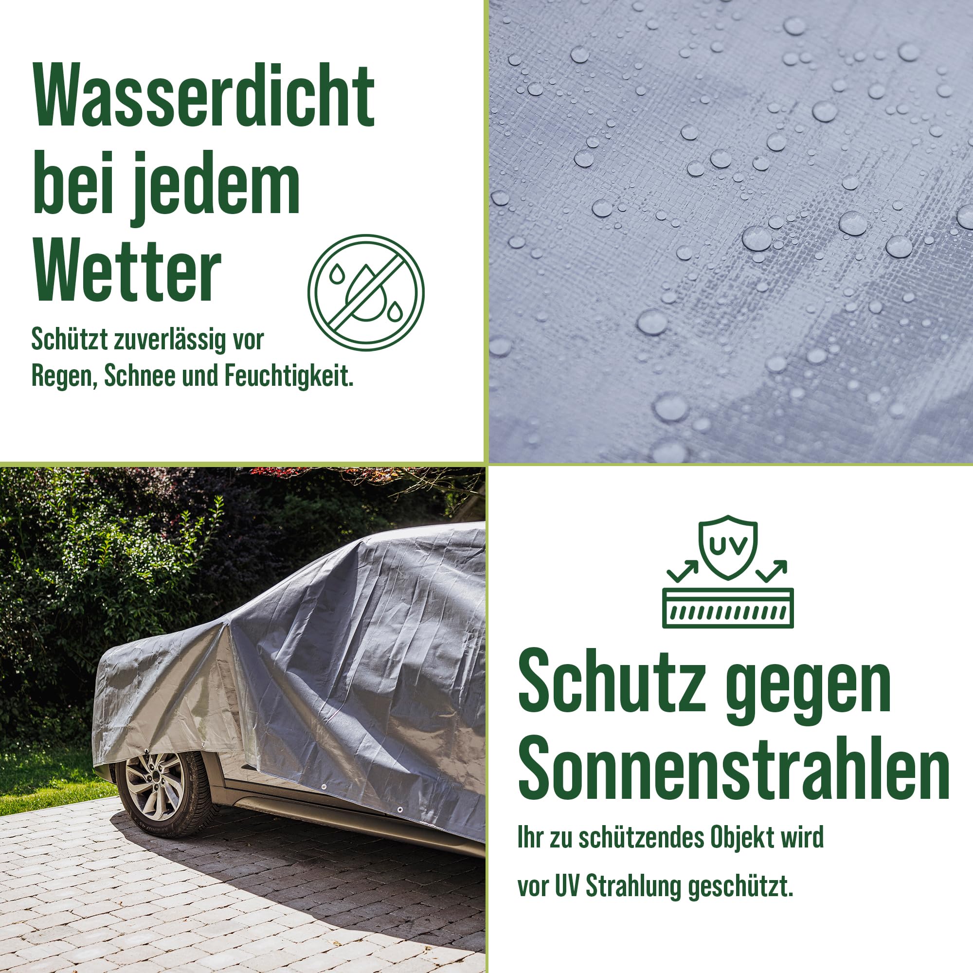 Abdeckplane mit Aluminium-Ösen und verstärkten Ecken, PE Plane, 2x2 m, grau, Gewebeplane 260 g/m², Allzweckplane wasserdicht, reißfest und UV-beständig