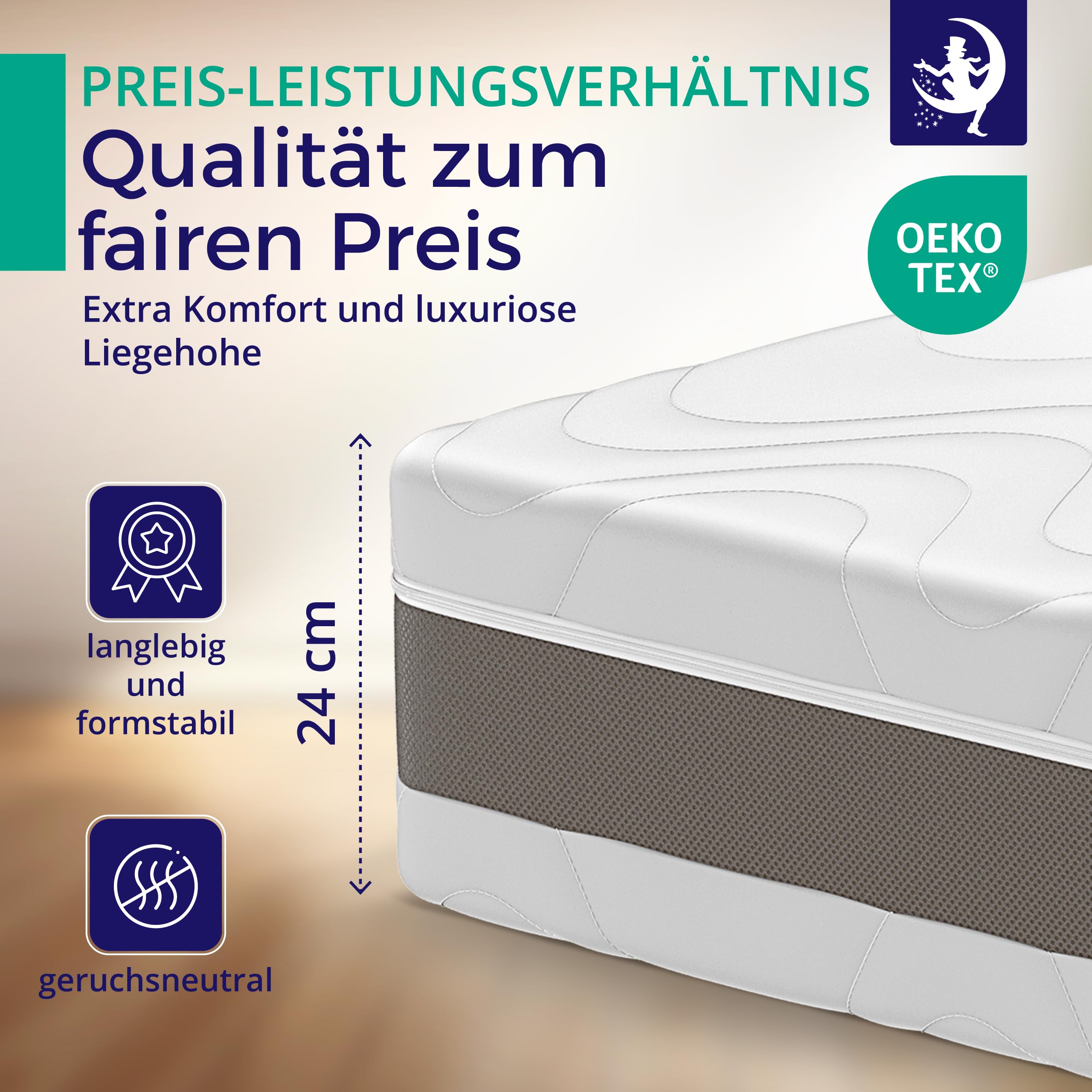 Mister Sandman Matratze 180x200, Höhe 24cm, Premium Federkernmatratze mit Taschenfedern, Matratze H3 H4, 7 Zonen, Taschenfederkernmatratze, Abnehmbarer und waschbarer Bezug, Allergikergeeignet