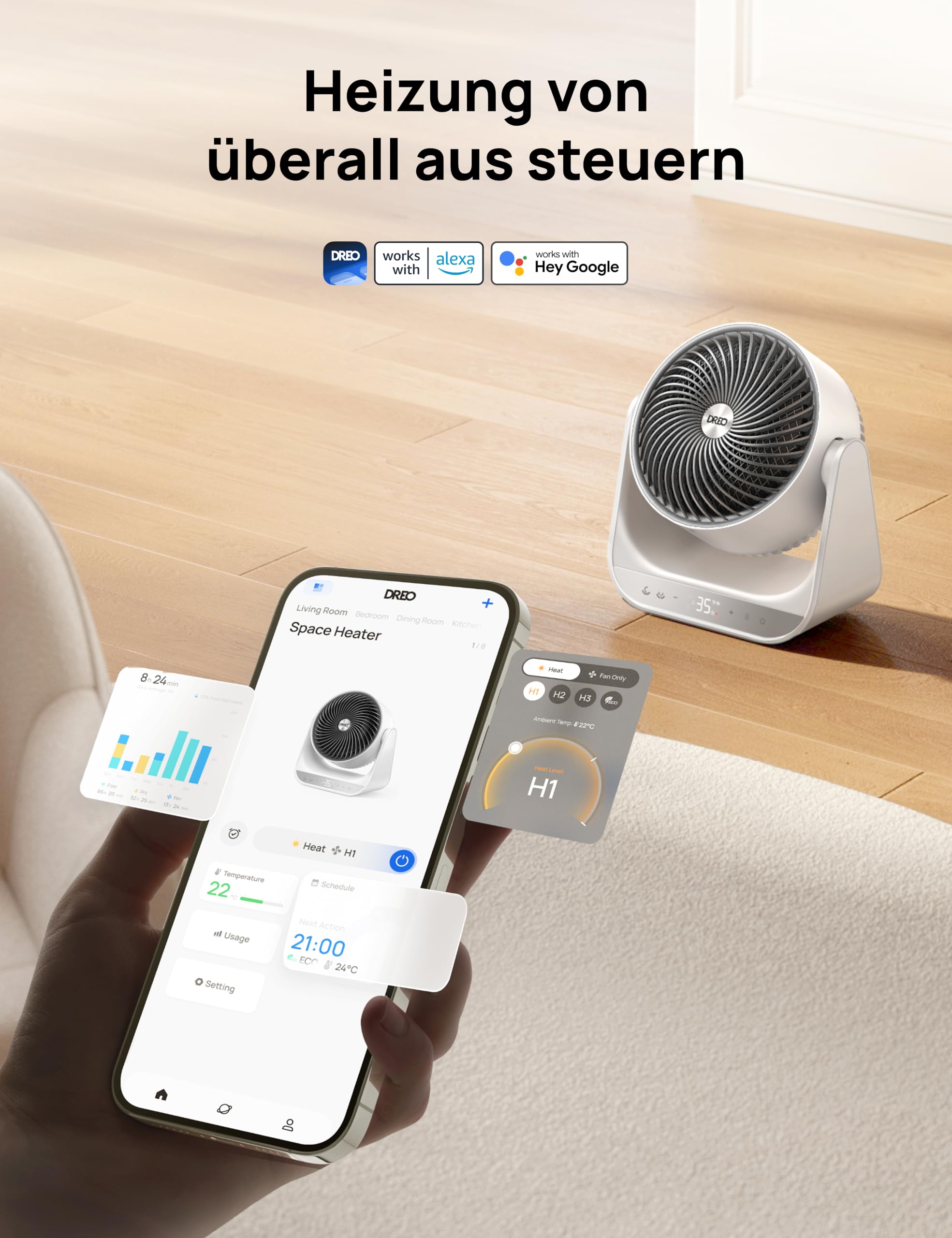 Dreo Heizlüfter für Innenräume, 2000W Elektroheizer mit Fernbedienung und Thermostat, 7 Modi, Überhitzungs- & Kippschutz, tragbarer Heizstrahler für den ganzen Raum, Weiß, Ganzraum-Heizgerät 714S