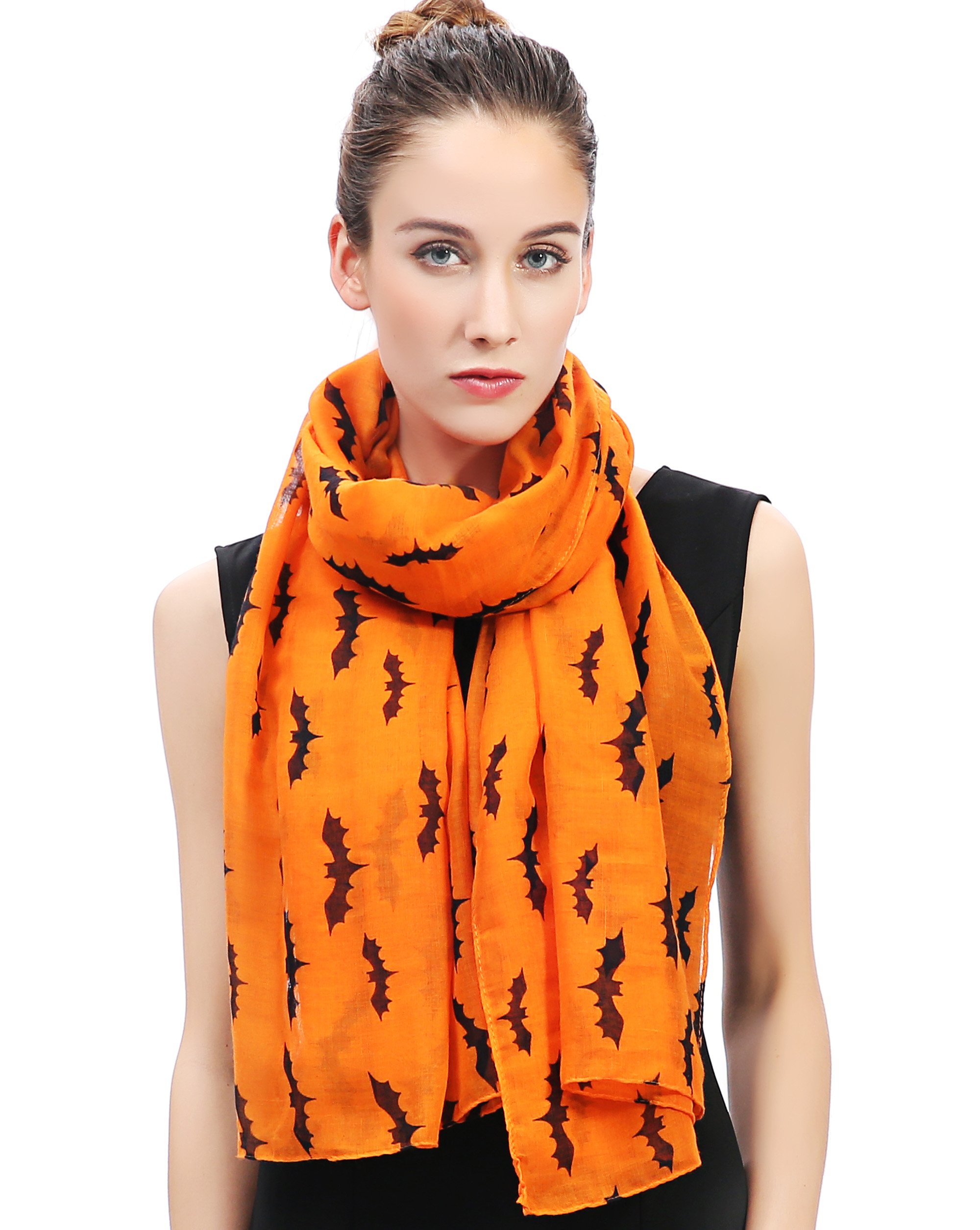 Lina & Lily Halloween Bat Print Women's Scarf Shawl Wrap Lightweight (Orange)