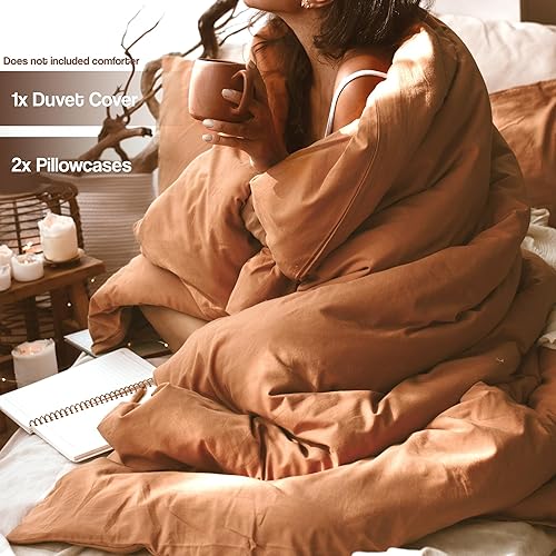 Miniatura 5 de Juego de funda de edredón %100 algodón natural, tamaño Queen, naranja quemado, similar al lino, ropa de cama lujosa, suave y cómoda con 2 fundas de