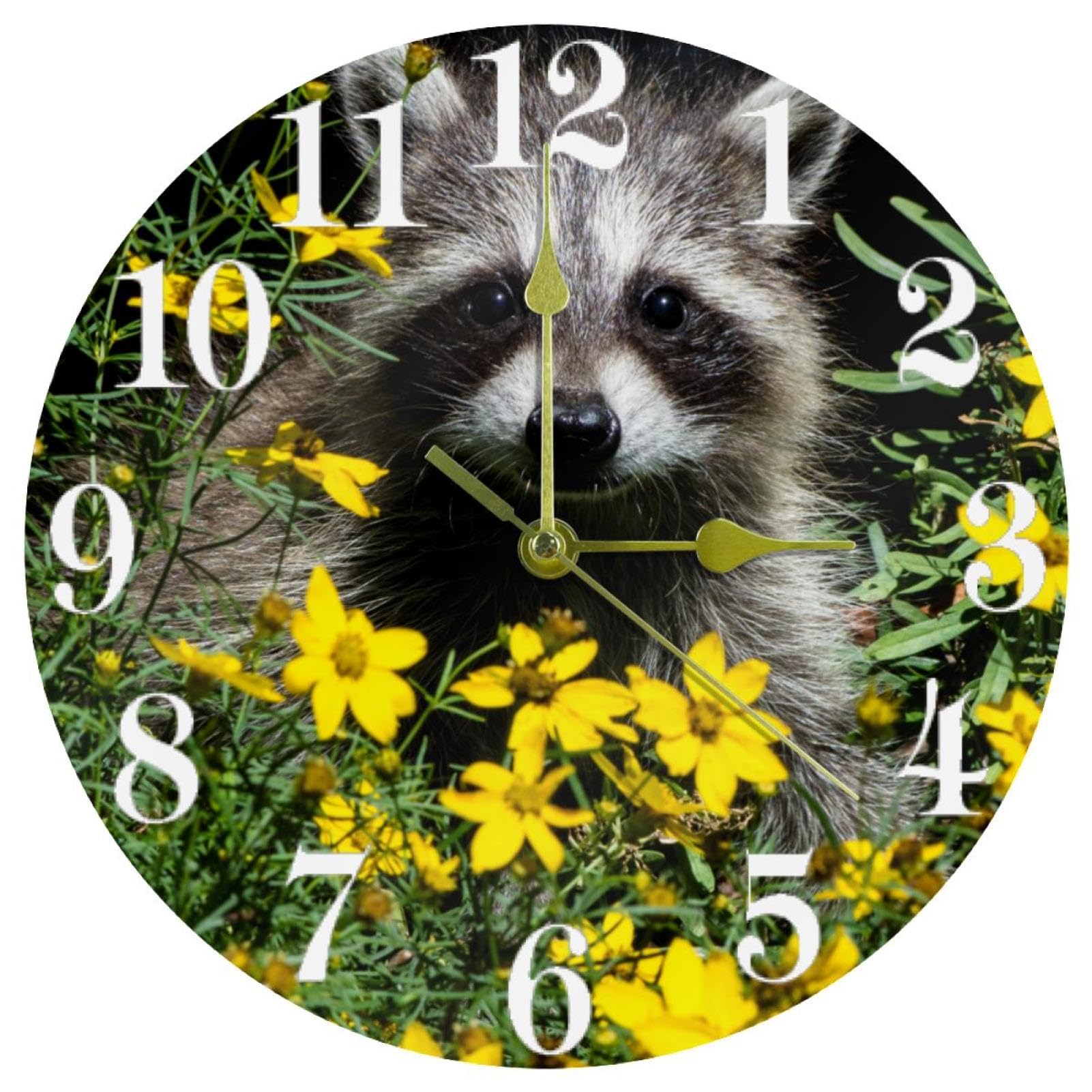 Horloge murale ronde silencieuse raton laveur dans les fleurs jaunes pour deco de cuisine et bureau