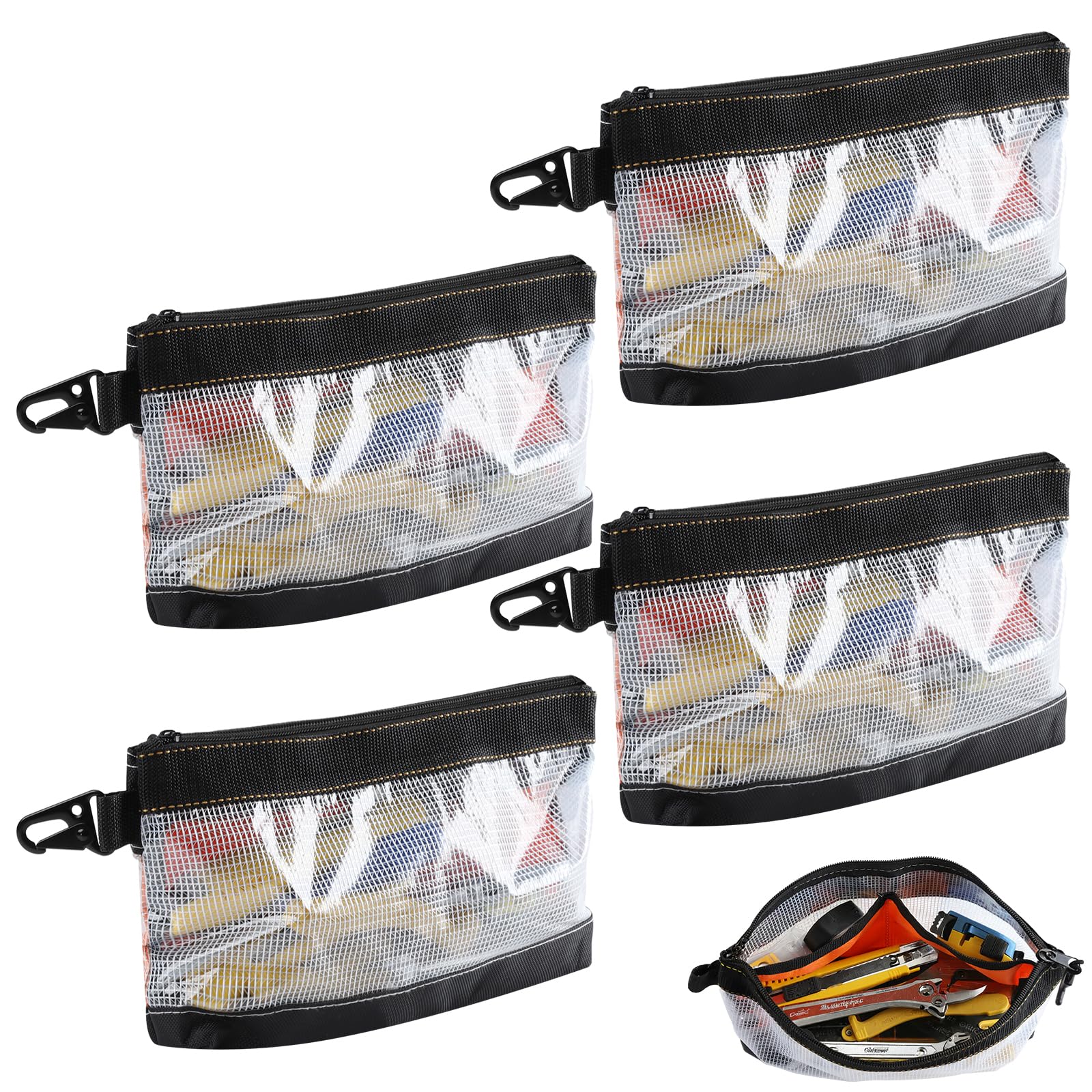 FRETONBA Small Tool Pouch with Hanging Buckle, 4 Pcs Pvc Zippper Tool Bag with Mesh Window, Waterproof and Antistatic Pouch Bag for Spanner, Plier, Screw Storage Organiser, Transparent