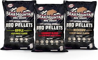 Bear Mountain 3-Pack Wood Pellets for Smoker, Grill & BBQ, 20 Lb, Apple, Hickory & Gourmet - Premium Hardwood Barbecue Pellets for Indoor and Outdoor Grilling