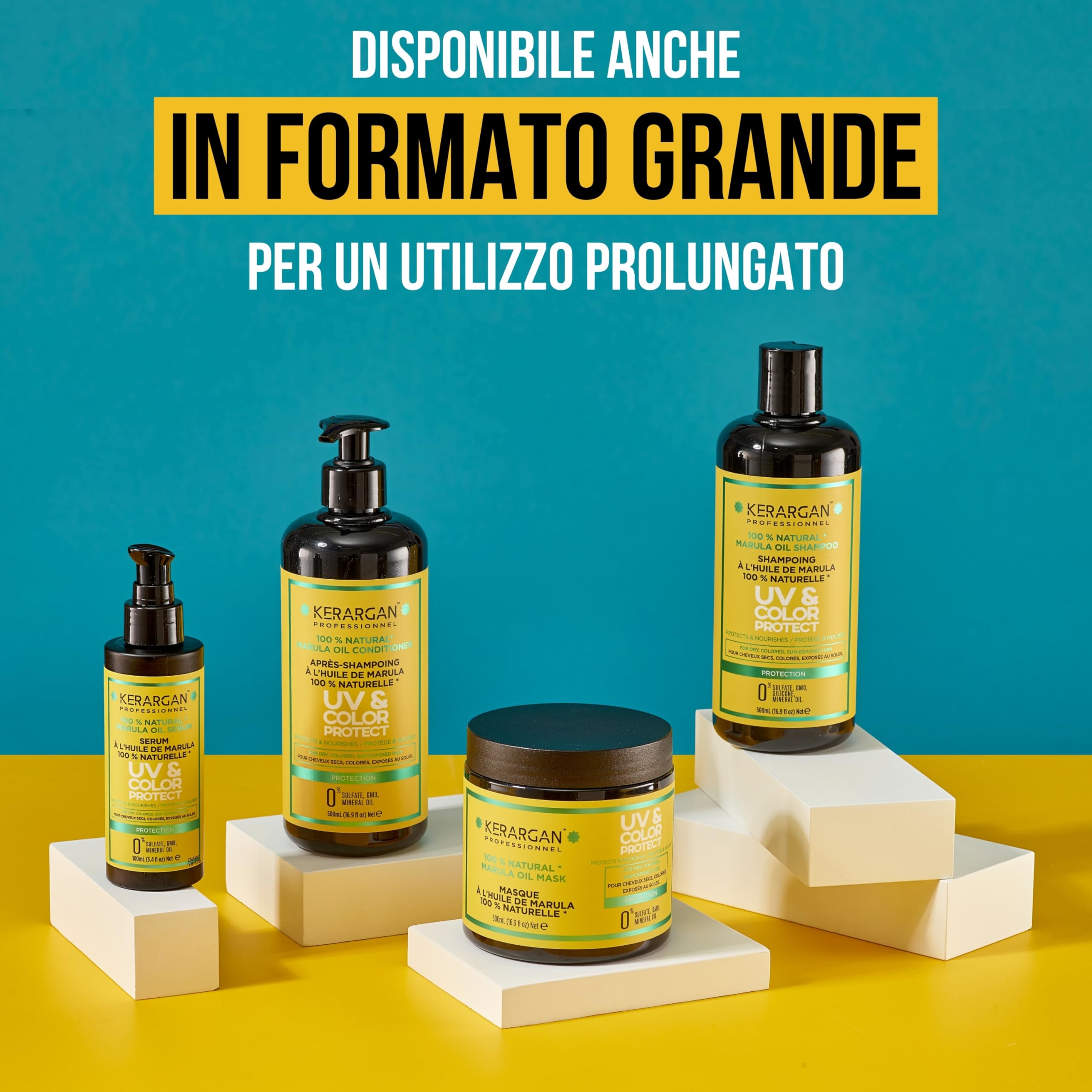 KERARGAN - Routine Marula con 4 Trattamenti Colore - 3x250ml+50ml | Shampoo, balsamo, maschera e siero alla marula, routine completa per trattare e proteggere i capelli colorati