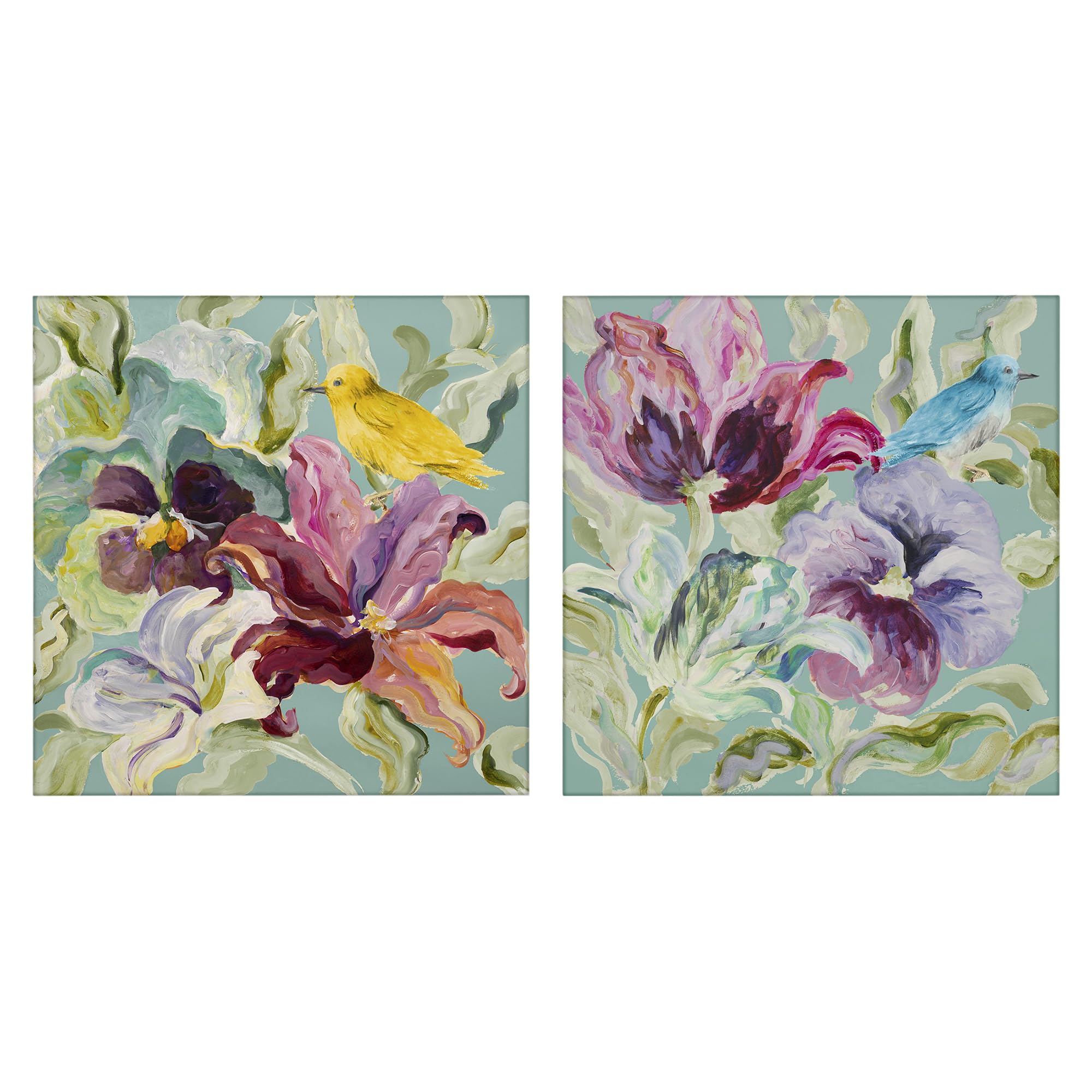 Stupell Industries Tropical Florals Canaries 'Lyrical Garden Canaries', 2Pc Canvas Art Set 2, 17 X 17, Ready To Hang Picture Décor, Usa Made, By Artist Lanie Loreth