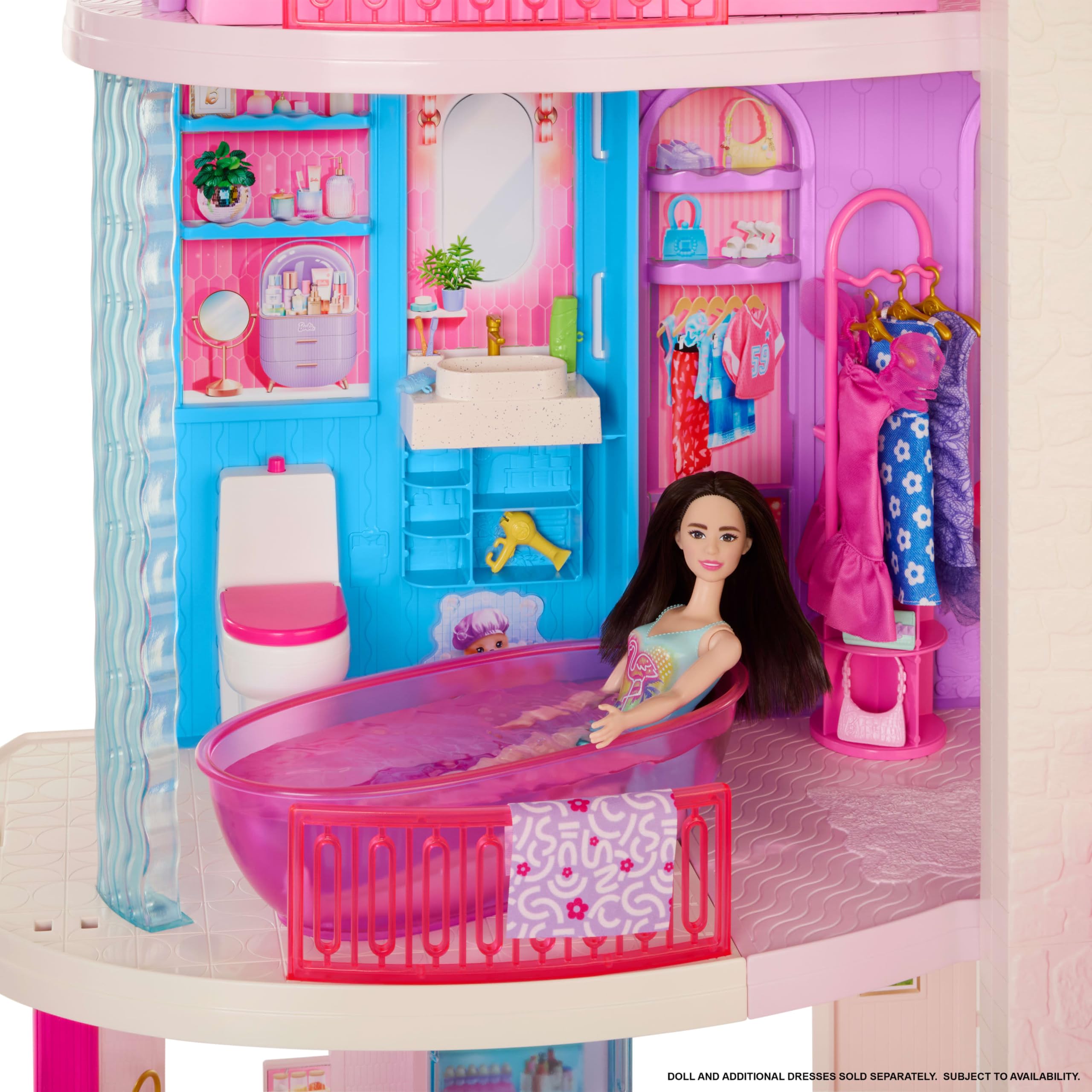 Barbie Dreamhouse Domek dla lalek | 2 baseny, 2 zjeżdżalnie, winda, 9 stref zabawy, 2 domy, 65+ elementów z meblami i akcesoriami, JKG84