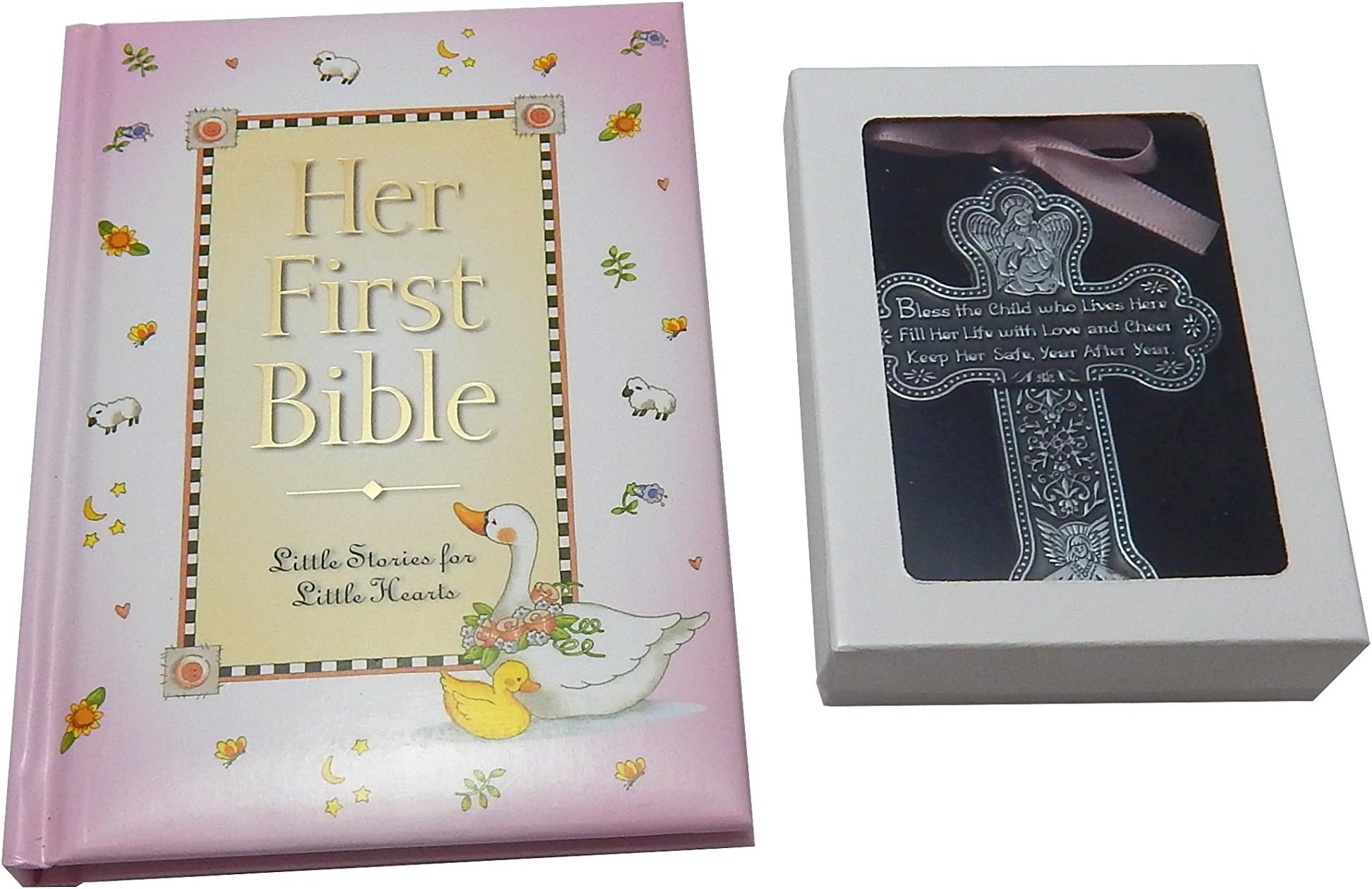 Baby Girl First Bible and 4 Inch Pewter Baptism Guardian