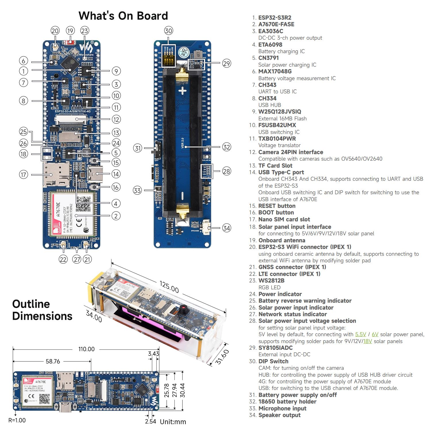 Waveshare ESP32-S3 A7670E 4G Development Board, with Camera/Speaker/Antenna | LTE Cat-1/2G/WiFi/BT/Telephone Call/SMS/GNSS Positioning Support, For 4G Portable WiFi