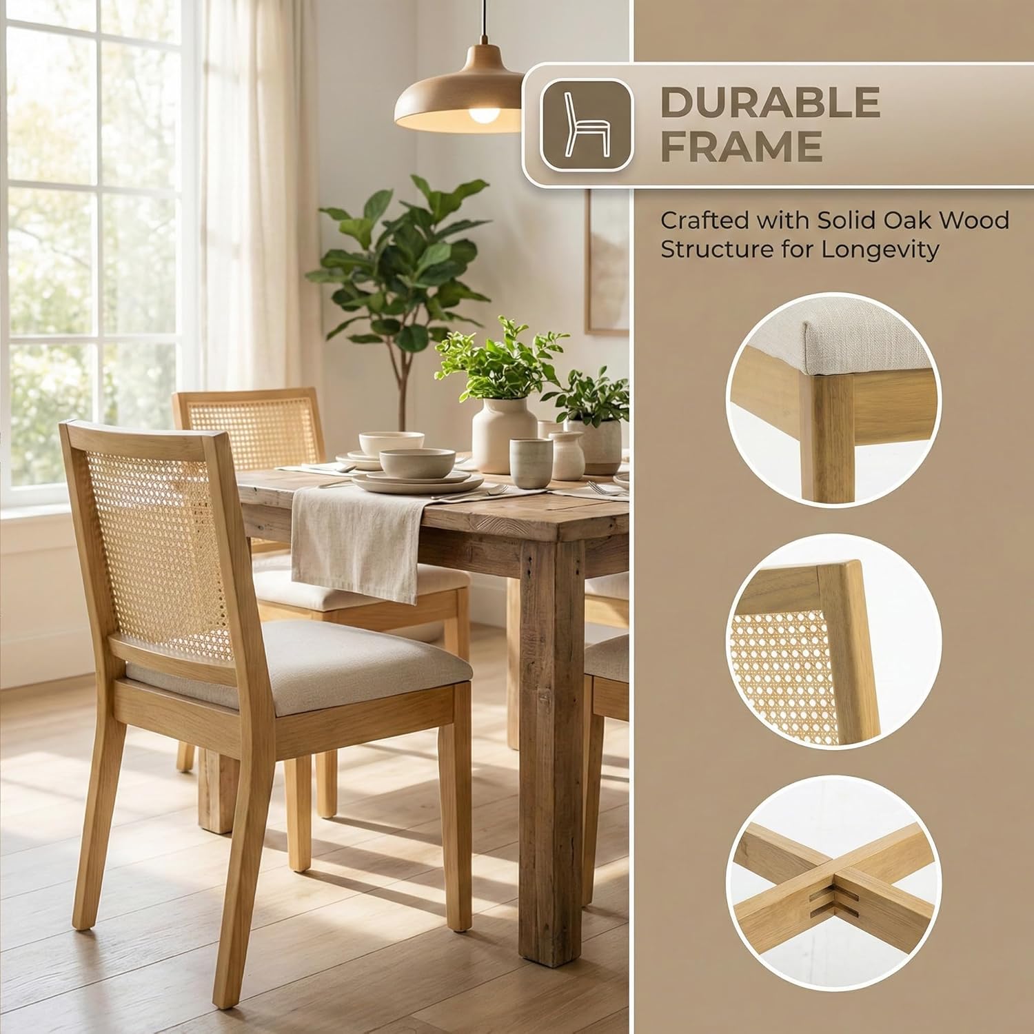 HNY Farmhouse Rattan Dining Chairs Set of 4, Mid Century Modern Kitchen & Dining Room Chairs, Cane Upholstered Kitchen Side Chair with Natural Hardwood Frame, Beige