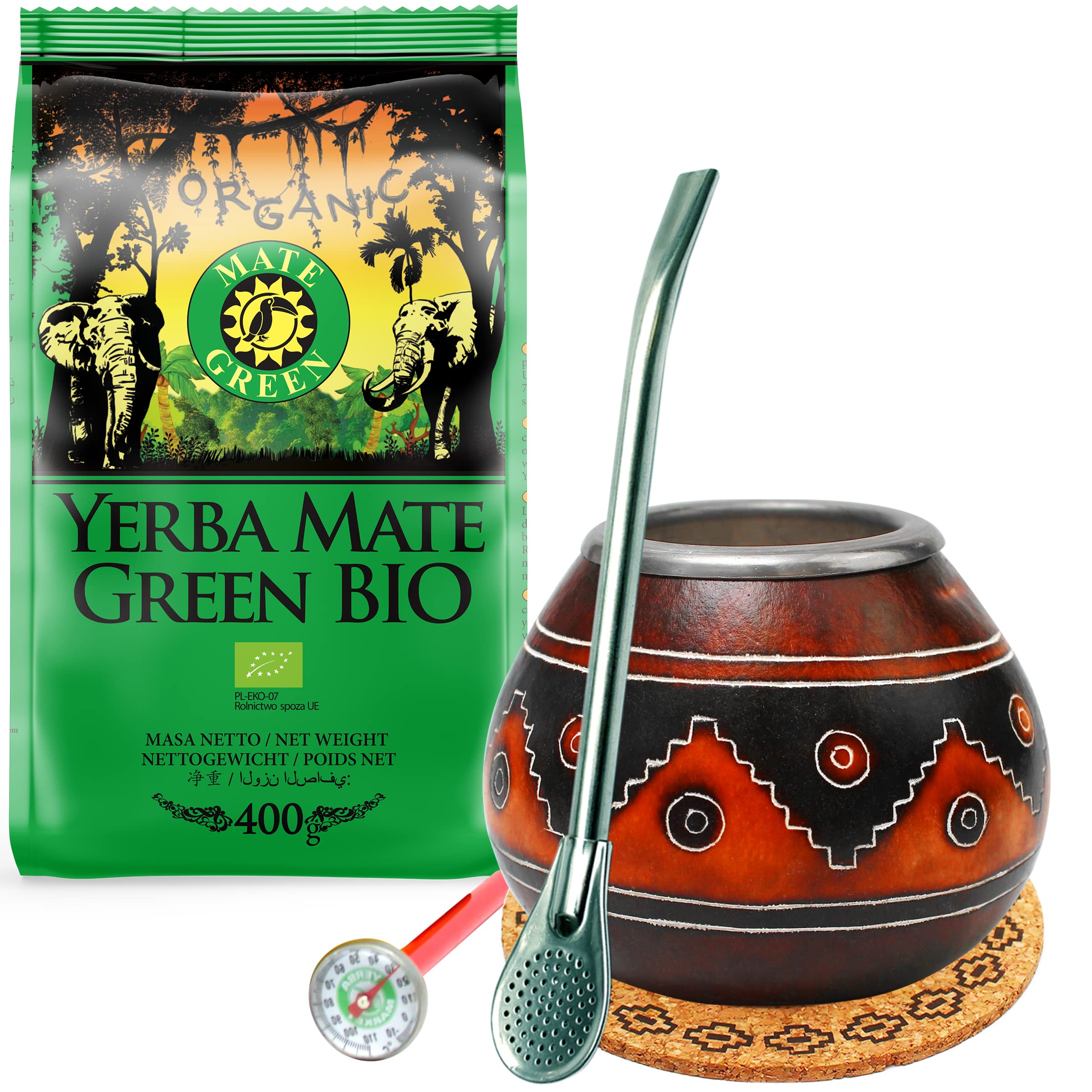 Mate Green Organic z oryginalnym, ręcznie robionym kalabazą do herbaty mate | suszony na powietrzu | bez dymu | bez plastiku | fair | mateta z liści maty | bez glutenu | bio | wysoka jakość