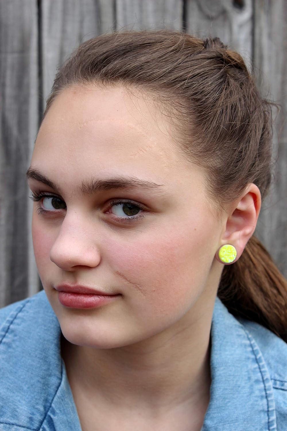 Silver-tone Neon Yellow AB Faux Druzy Stone Stud Earrings - Image 6