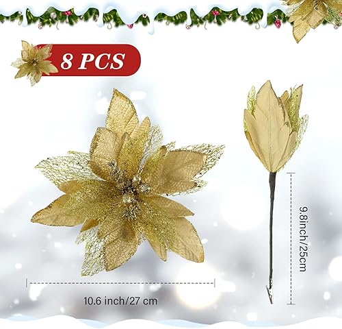 Miniatura 2 de Riceshoot Decoraciones de flores artificiales de Pascua de Año Nuevo, 8 piezas de 10.6 pulgadas de tela decorada con purpurina para árbol de Navidad