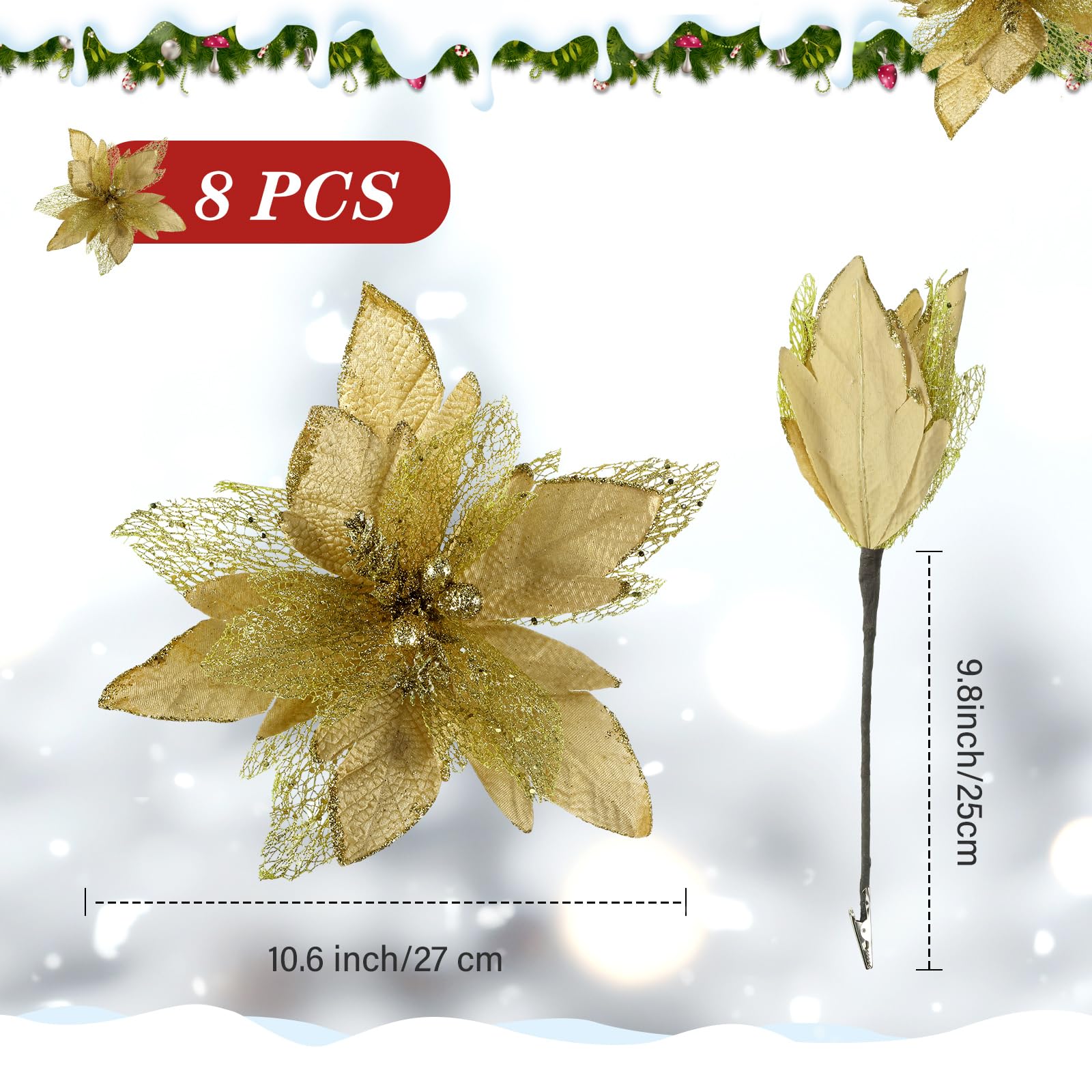 Riceshoot 8 piezas de flores artificiales de Pascua de Navidad, decoraciones de árbol de Navidad de tela decorada con purpurina con clips y tallos para corona de Navidad, adornos de fiesta de boda